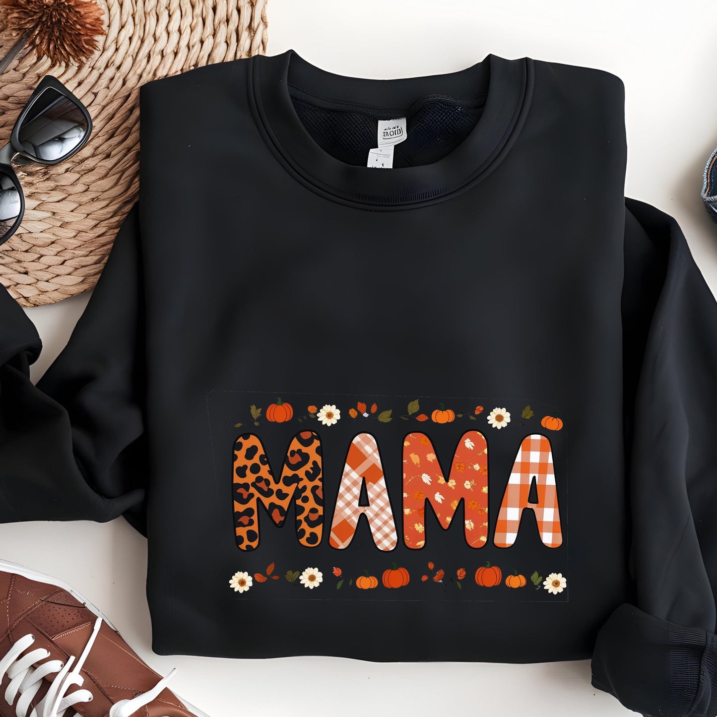 Fall Mama Sweatshirt – Cozy Pumpkin Plaid Leopard Print Crewneck Sweater