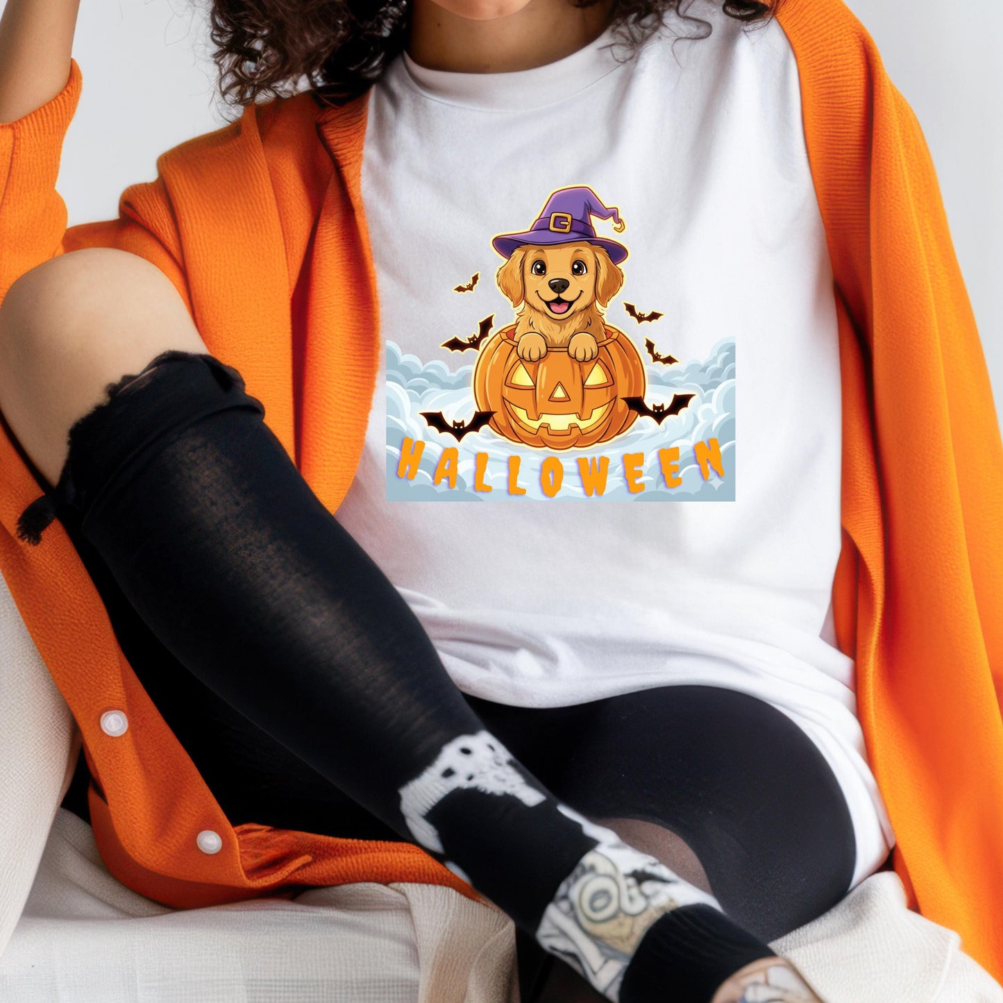 Golden Retriever Halloween Shirt – Cute Pumpkin Graphic Tee With Witch Hat