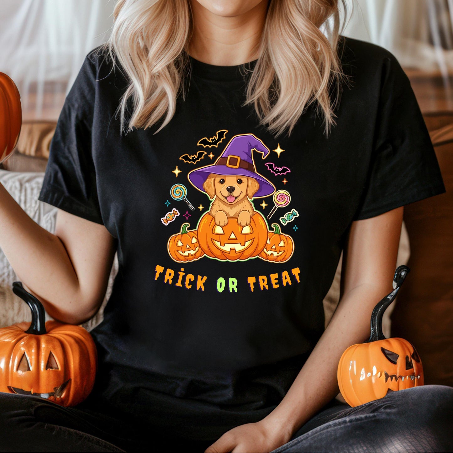 Halloween Puppy T-Shirt – Cute Golden Retriever Tee With Pumpkin, Witch Hat & Candy