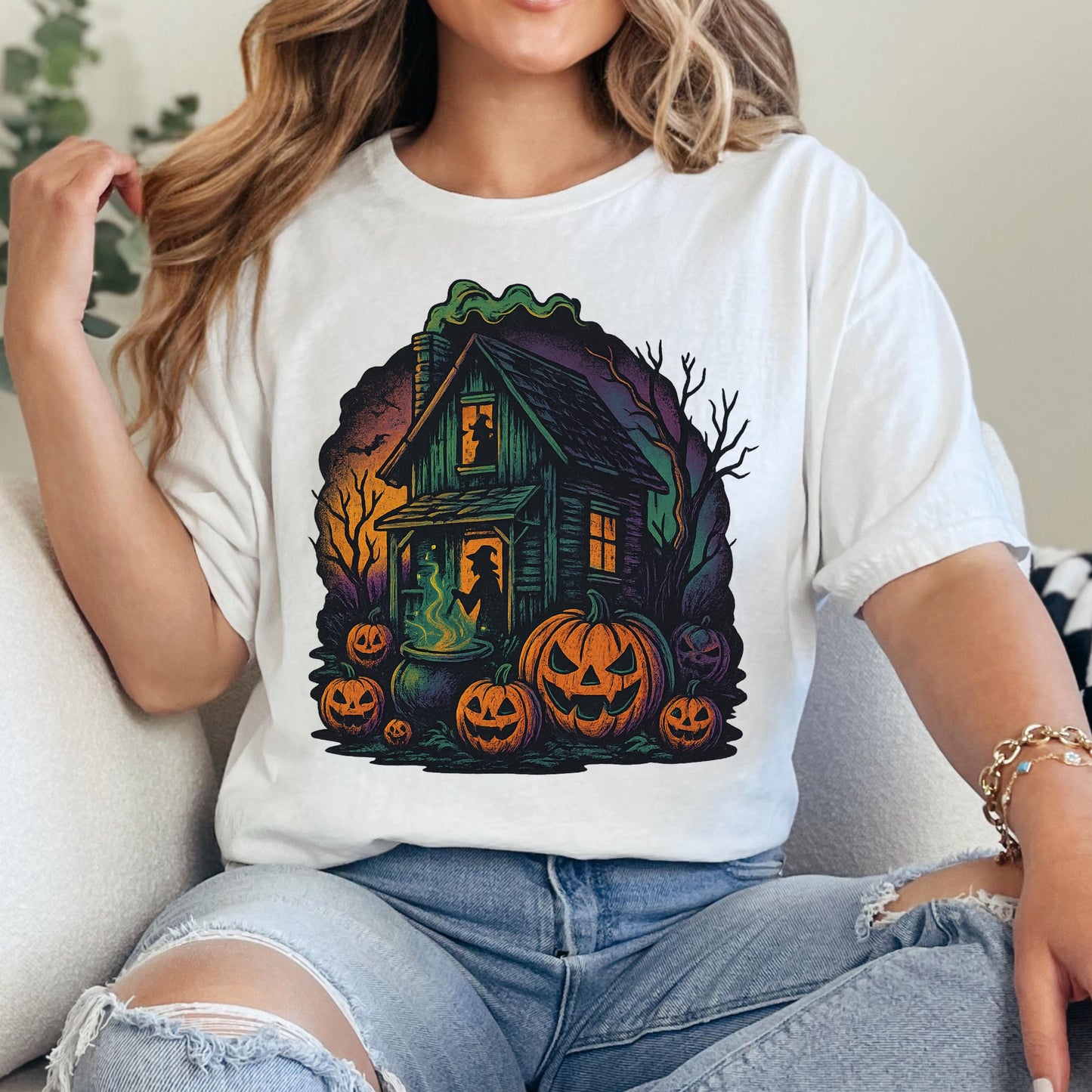 Haunted Halloween Shirt – Spooky Graphic Tee With Witch House & Pumpkin