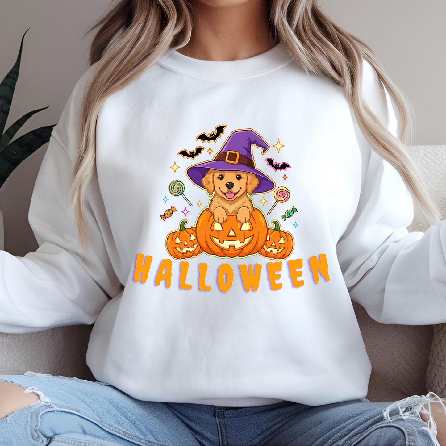 Halloween Puppy Sweatshirt - Golden Retriever Shirt | Witch Hat Pumpkin Pullover