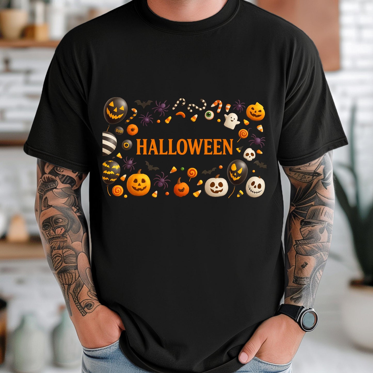 Halloween Graphic Tee - Unisex Pumpkin Orange Shirt With Ghost Bat Candy Design