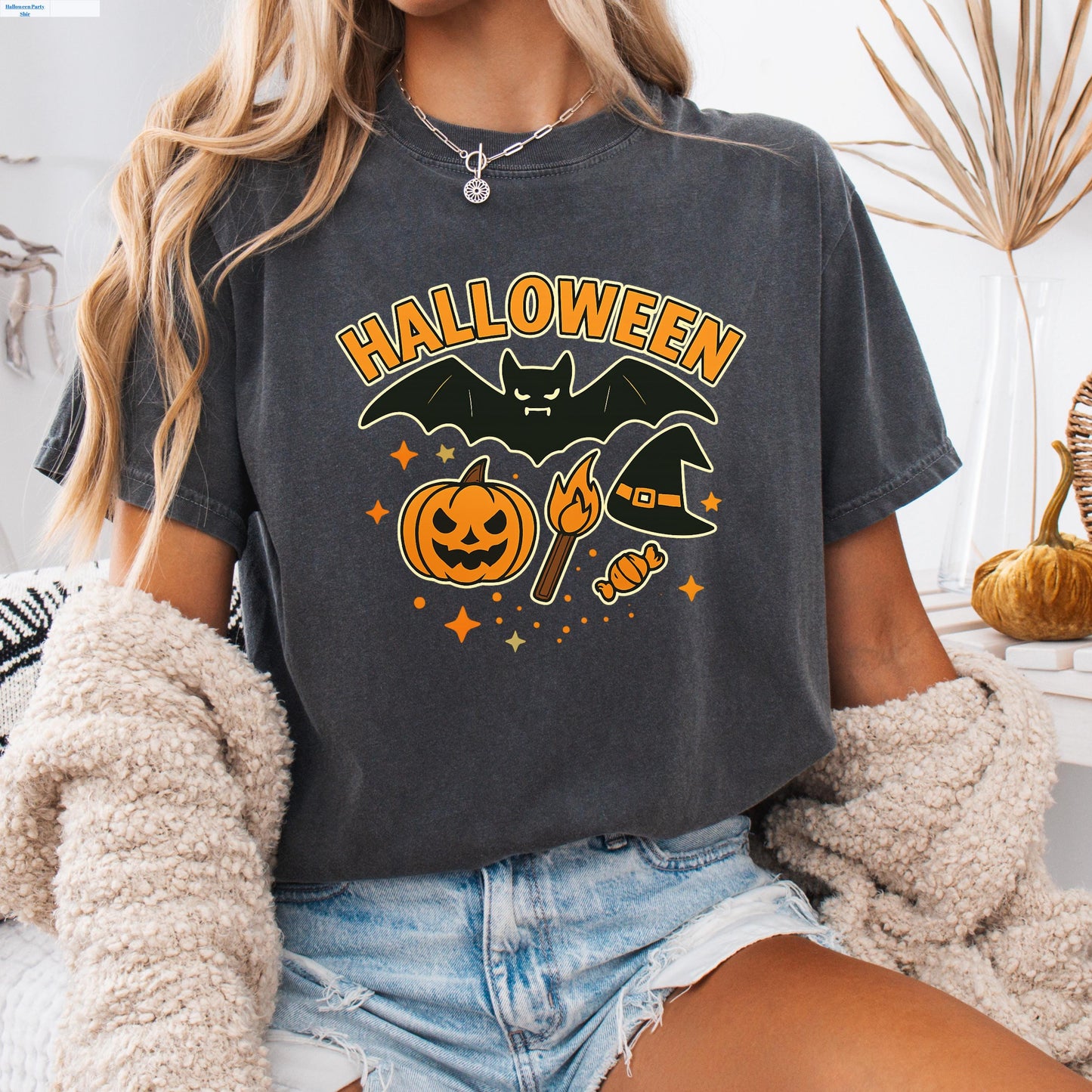 Halloween Graphic Tee - Pumpkin T-Shirt With Bat, Witch Hat & Cotton Comfort