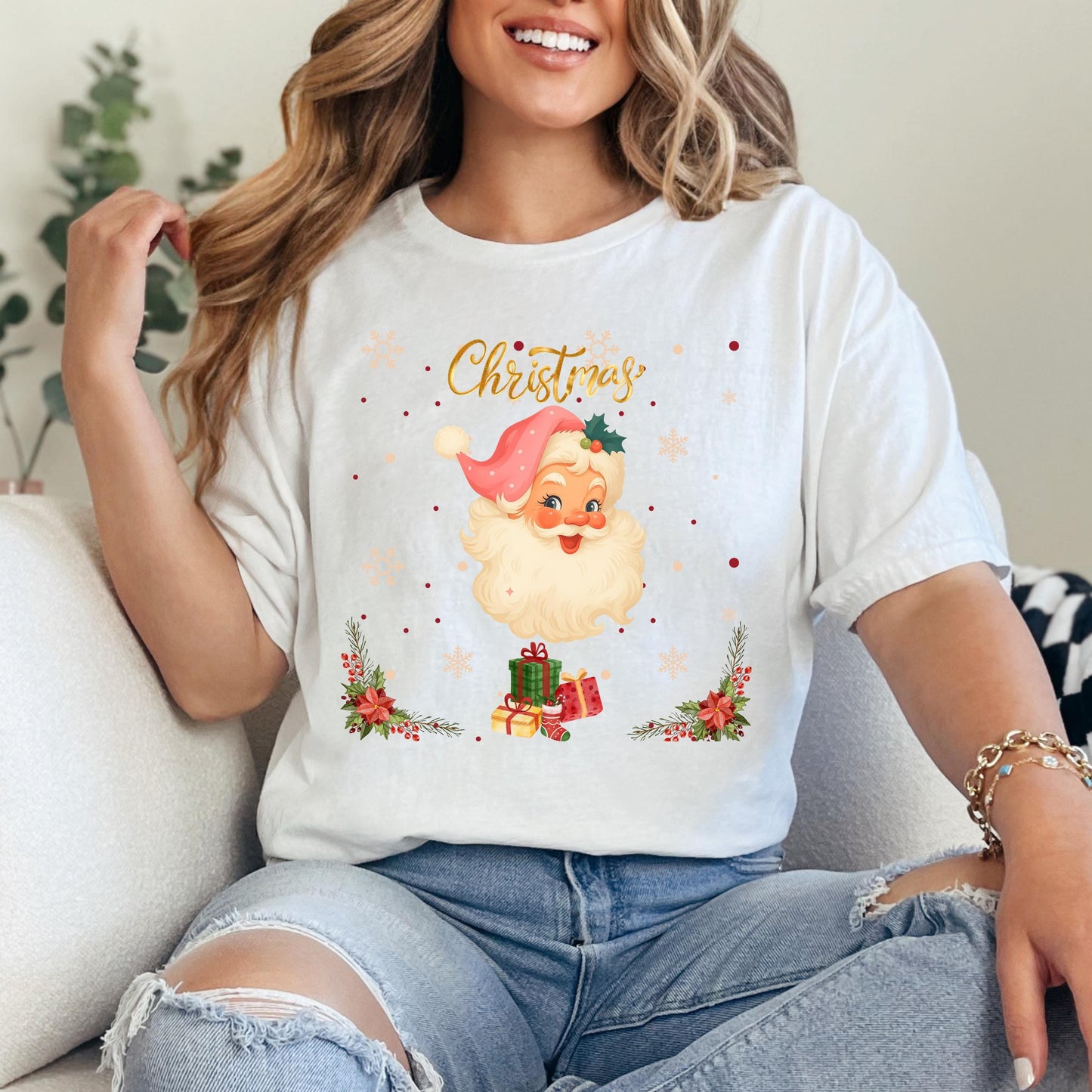 Pink Santa Christmas T-Shirt – Retro Christmas Shirt | Soft Cotton Holiday Tee