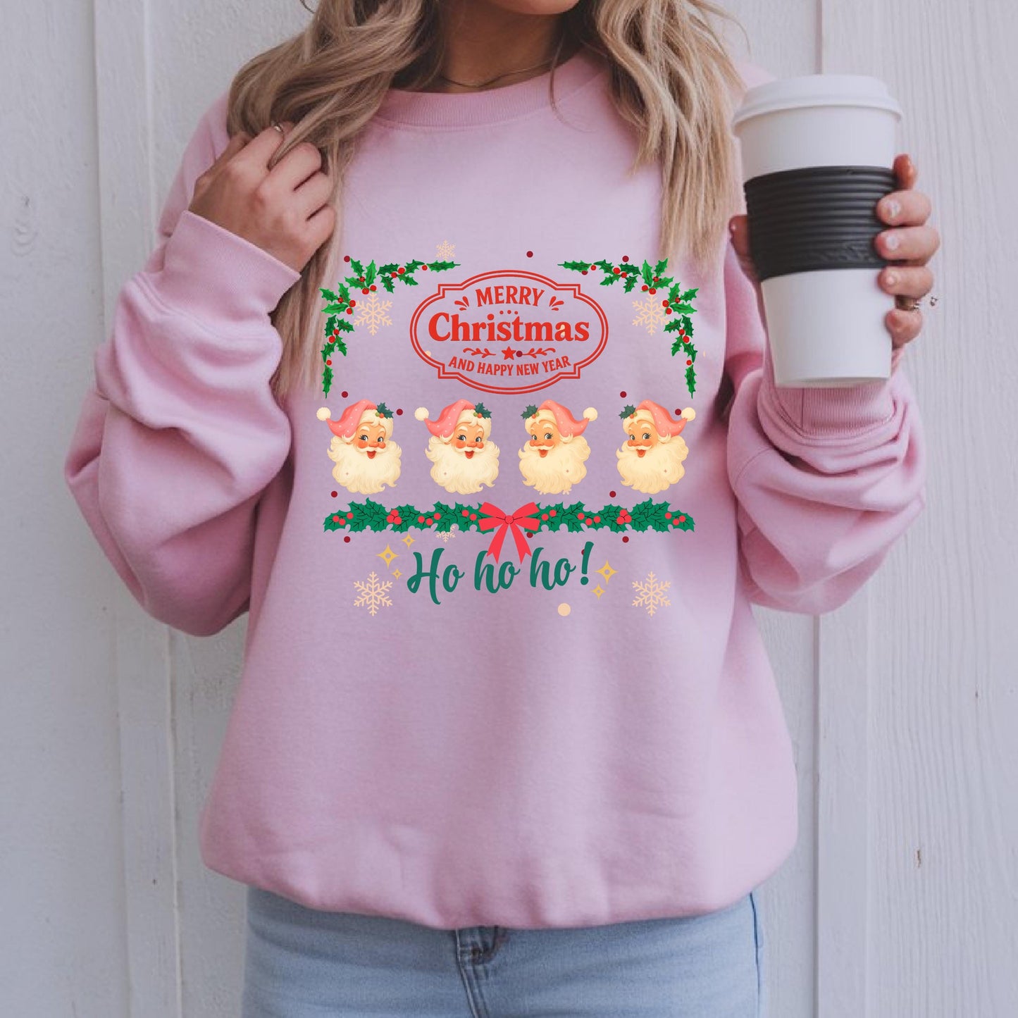 Retro Pink Santa Sweatshirt - Cozy Holiday Pullover | Vintage Xmas Sweater