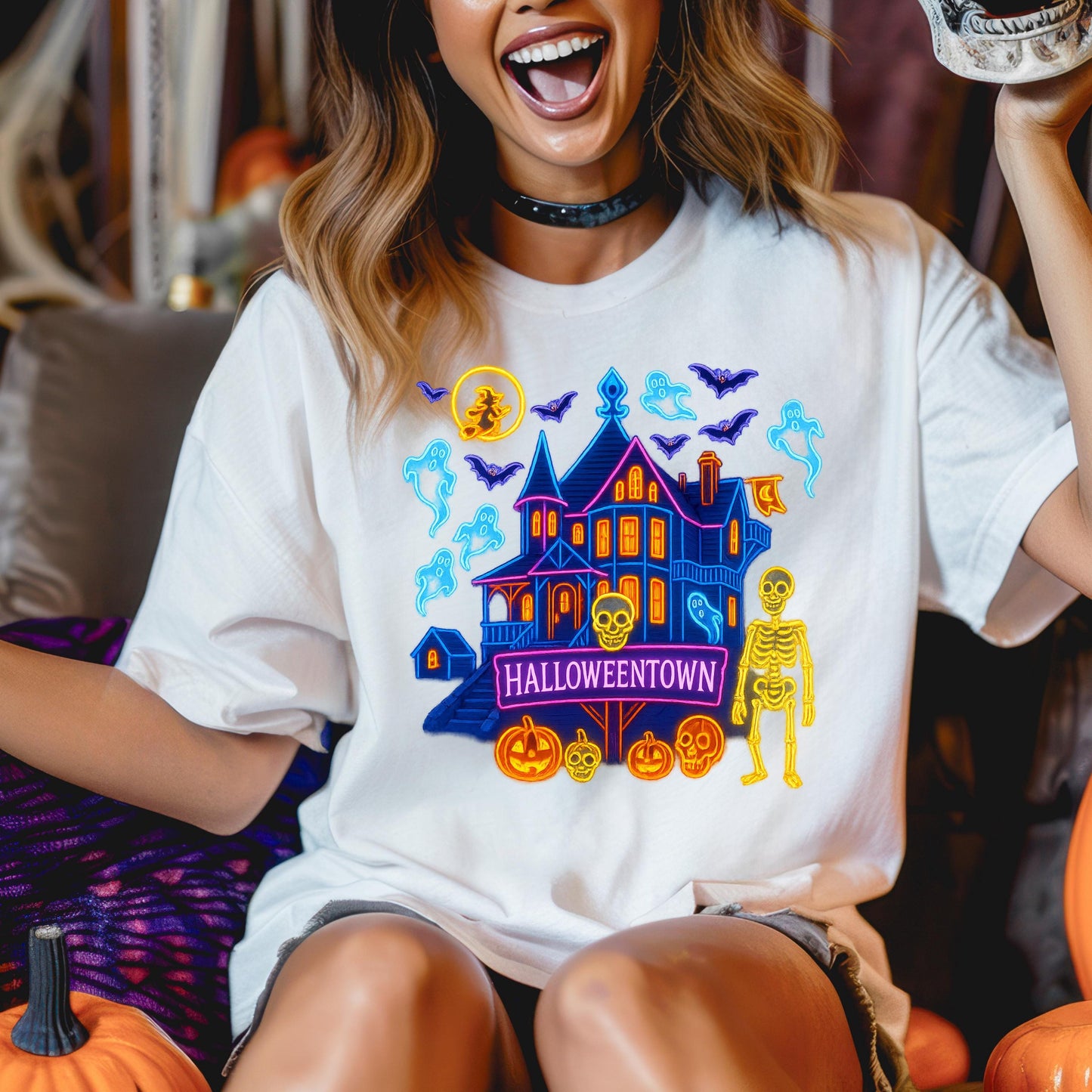Neon Halloweentown T-Shirt – Glow In Dark Haunted House Graphic Tee