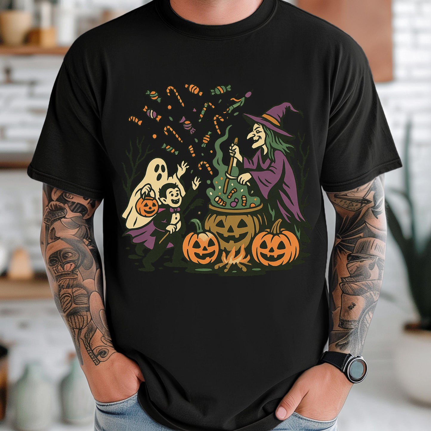 Halloween Witch Shirt – Cozy Cotton Tee With Witch Cauldron, Ghost & Vampire