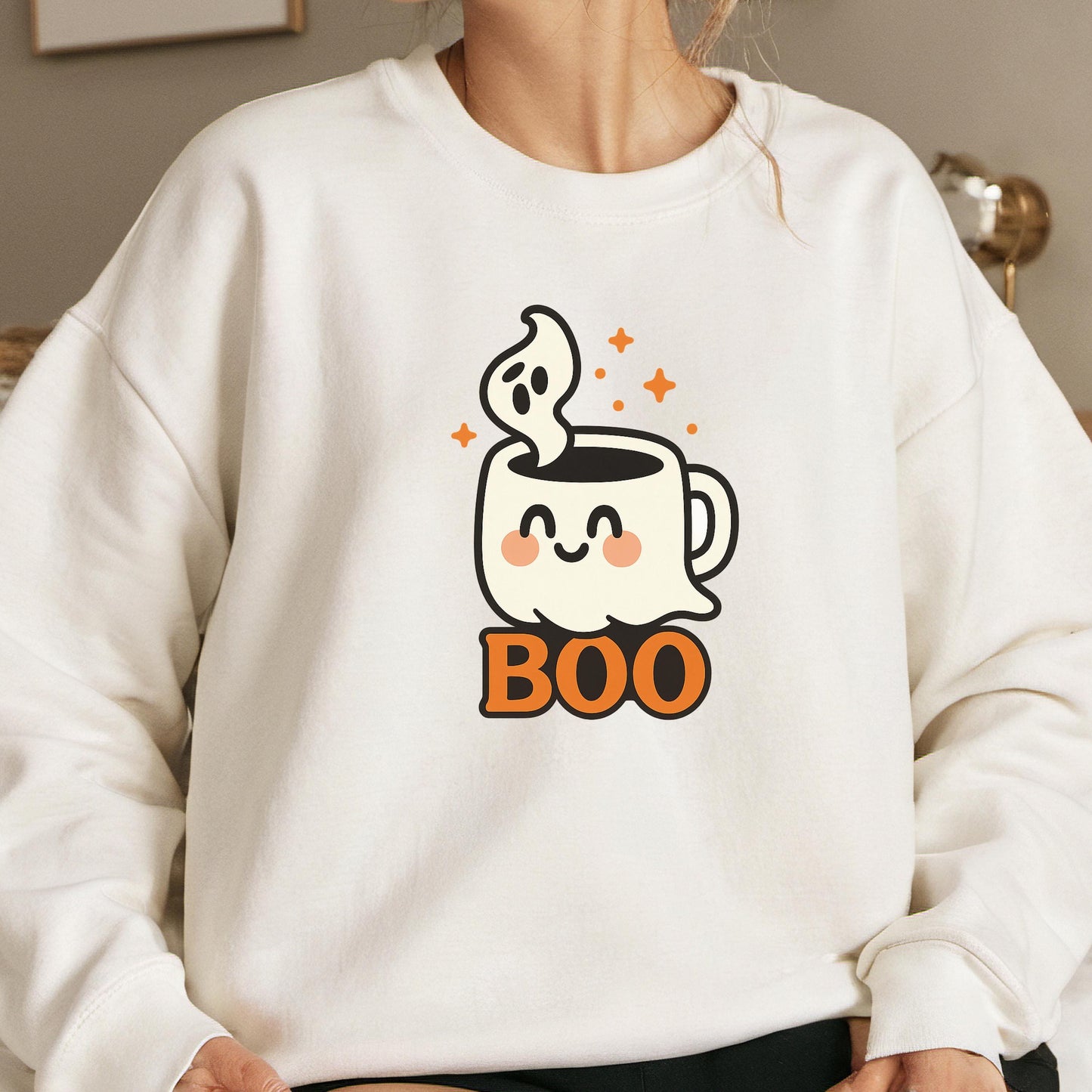 Halloween Ghost Sweatshirt – Cozy Coffee Lover Pullover | Unisex Crewneck