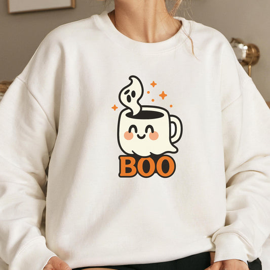 Halloween Ghost Sweatshirt – Cozy Coffee Lover Pullover | Unisex Crewneck