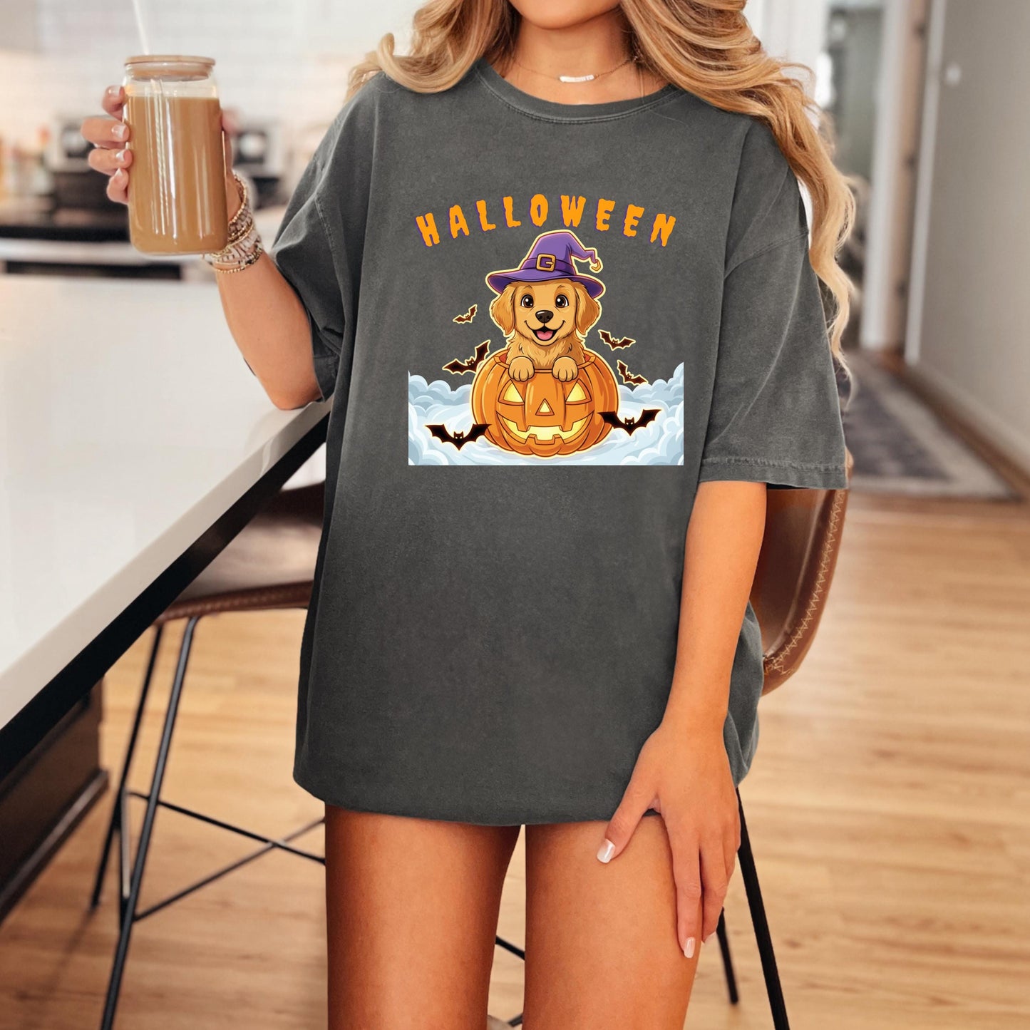 Halloween Puppy T-Shirt – Cute Pumpkin Dog T-Shirt With Golden Retriever & Witch Hat