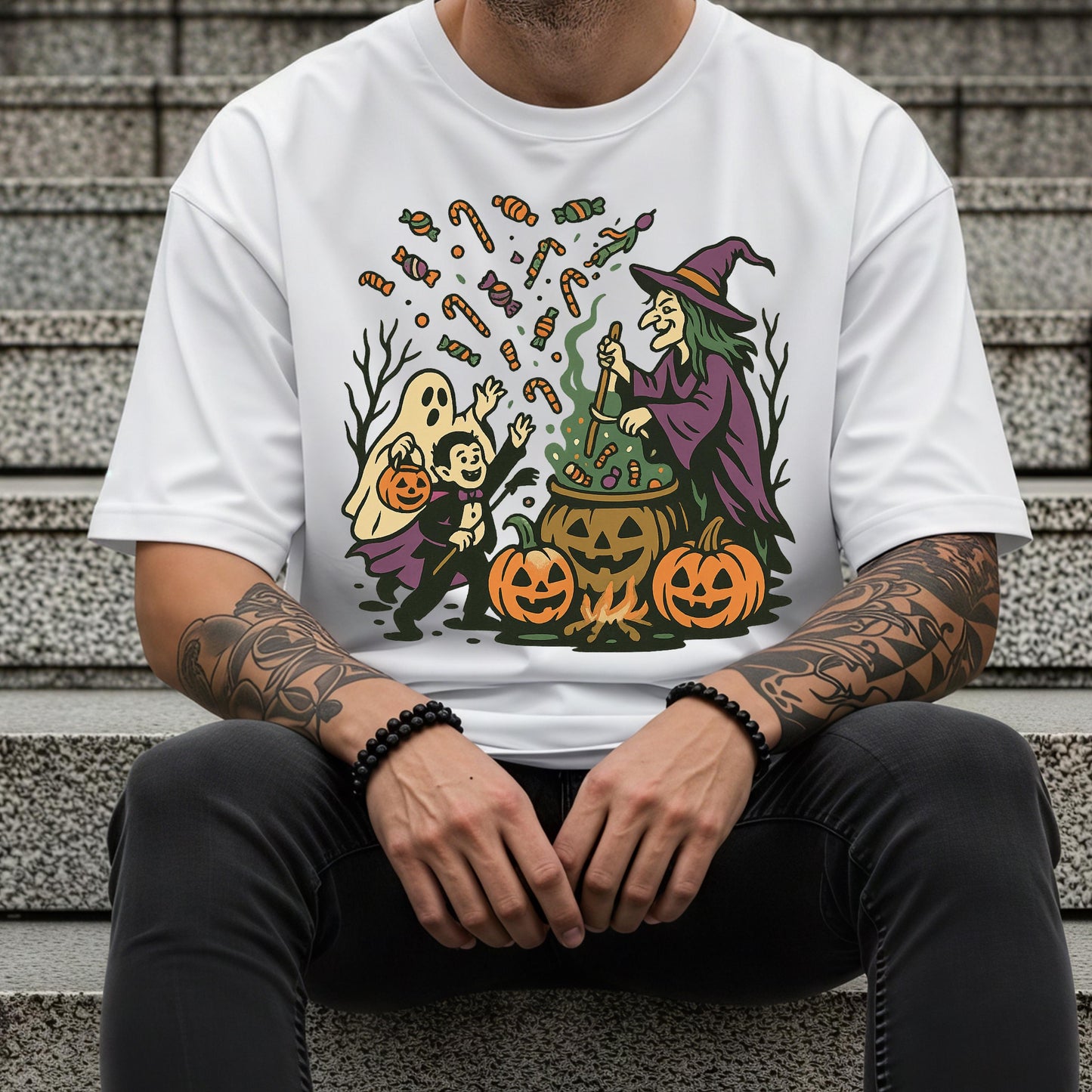 Halloween Witch Shirt – Cozy Cotton Tee With Witch Cauldron, Ghost & Vampire
