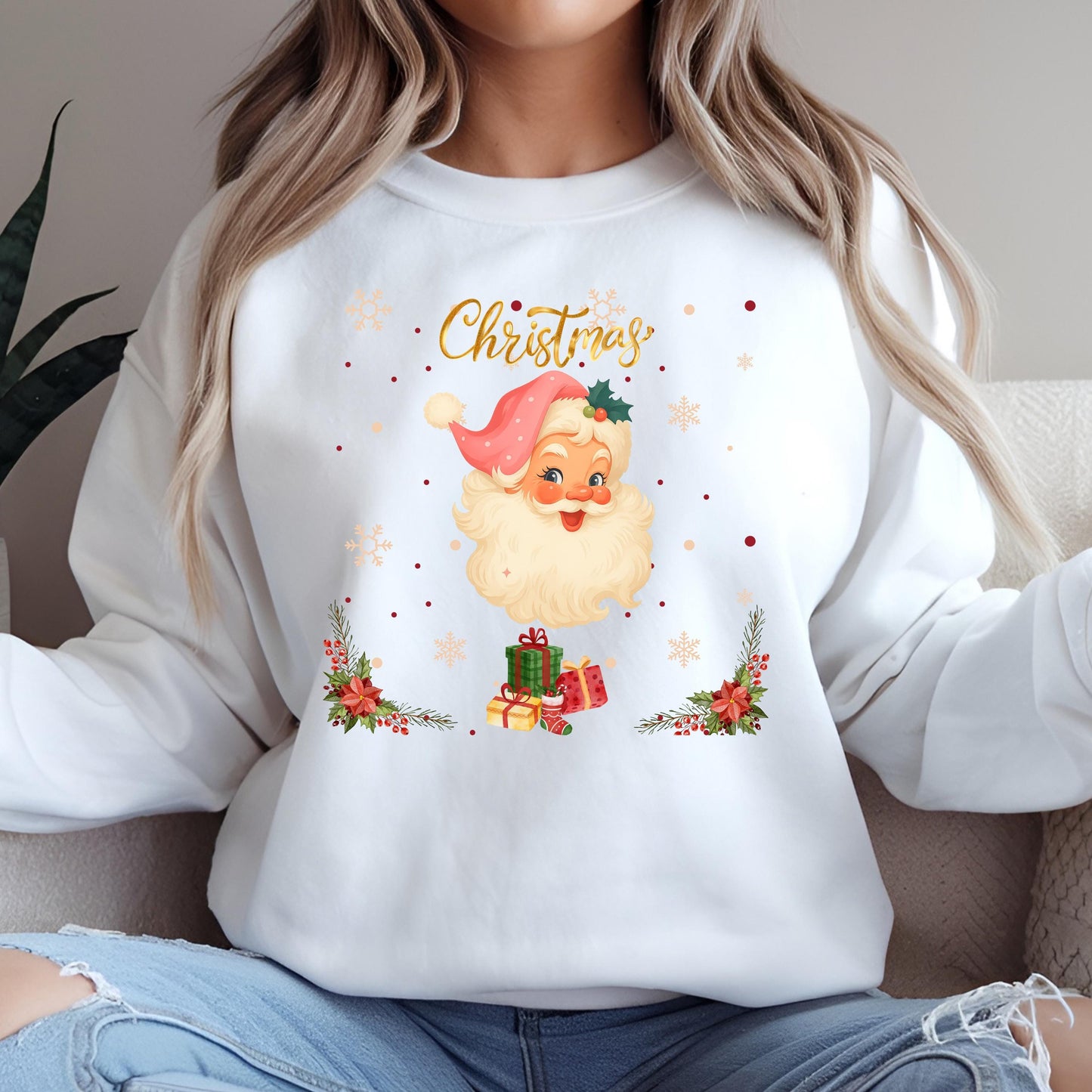 Retro Pink Santa Sweatshirt – Vintage Christmas Holiday Pullover | Cozy Winter Sweater