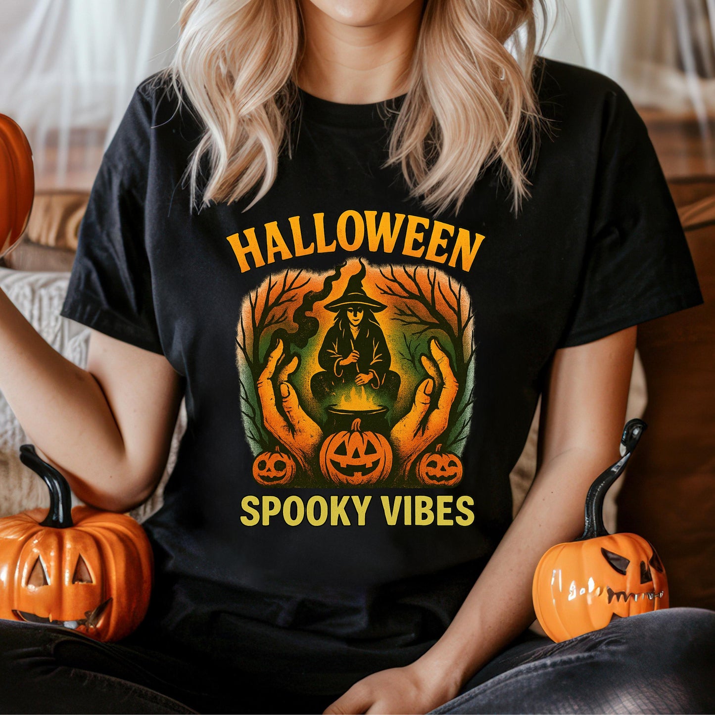 Halloween Witch Shirt - Vintage Cotton Tee With Witch Cauldron Design & Pumpkin Graphic