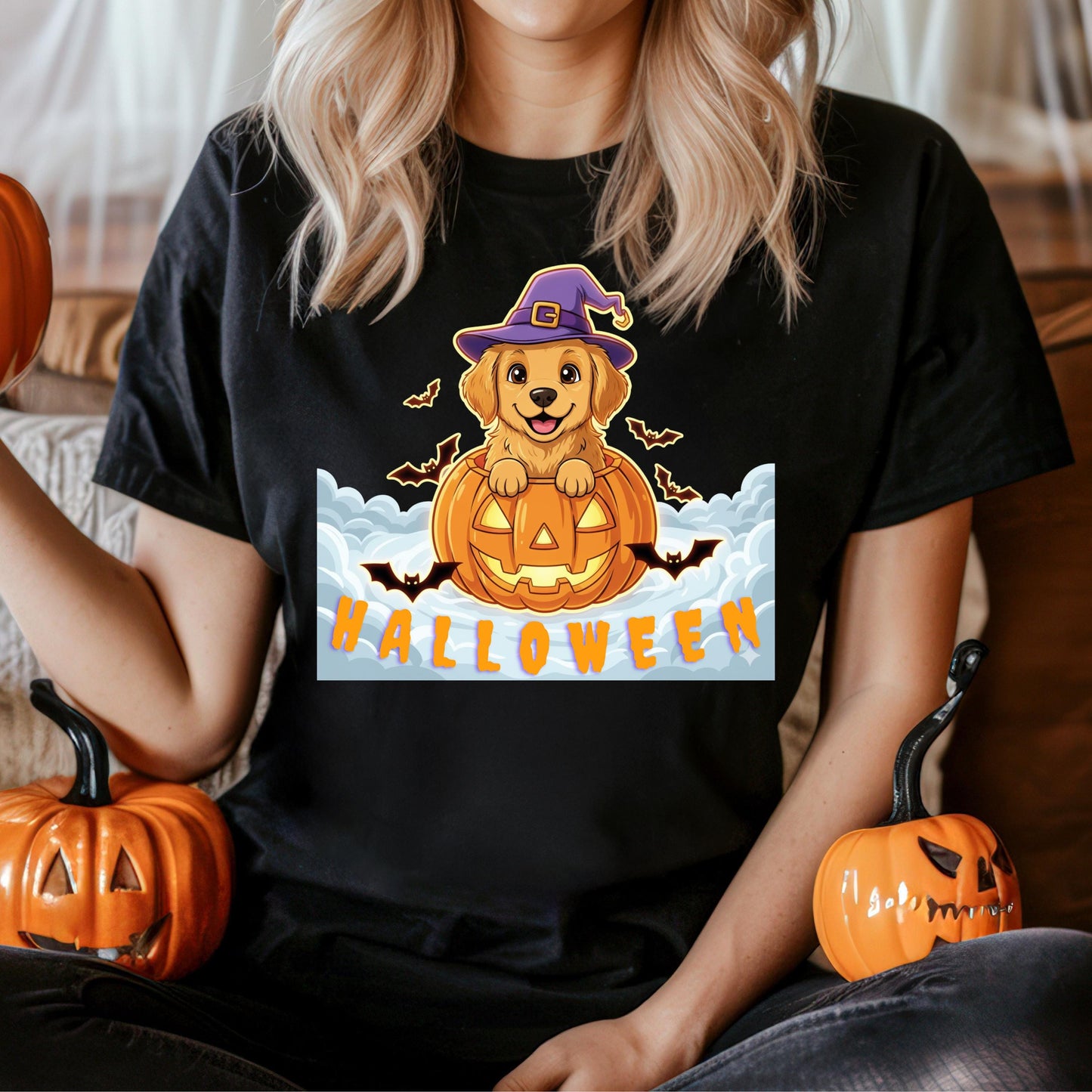 Golden Retriever Halloween Shirt – Cute Pumpkin Graphic Tee With Witch Hat