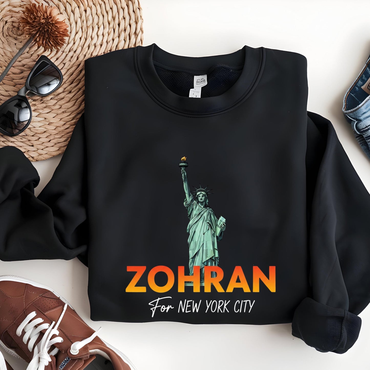 A black sweatshirt with a graphic of the Statue of Liberty and the text "ZOHRAN For New York City" printed on it, along with a pair of sunglasses and a woven mat.