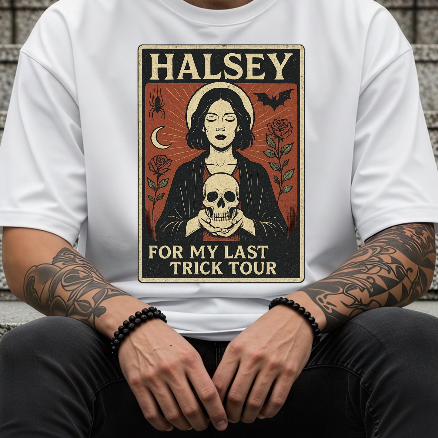 Halsey Tarot Shirt - Gothic Concert Tee With Skull Rose Motif & Witchy Design