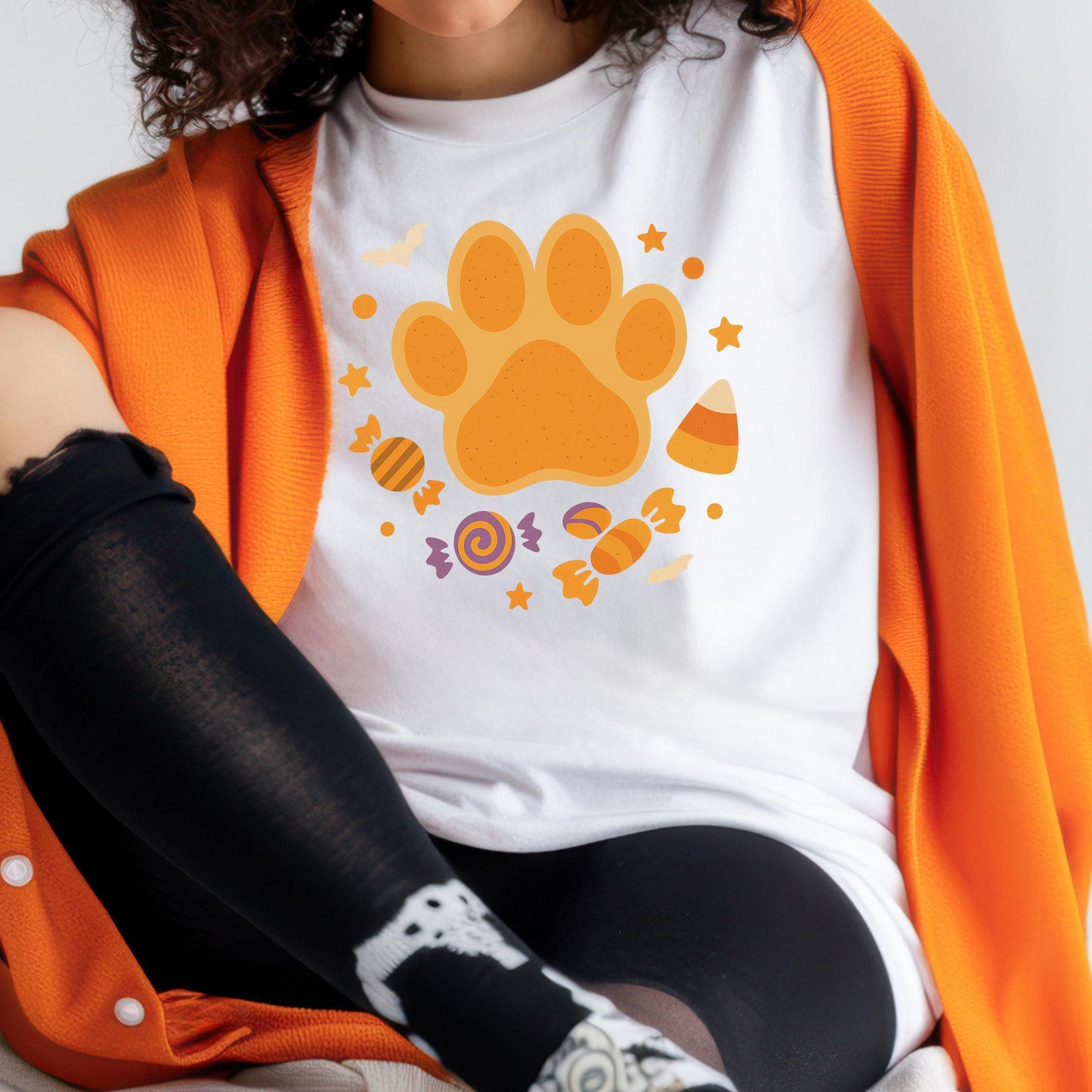 Halloween Cat Paw Shirt – Spooky Bat & Candy Design | Soft Cotton Tee