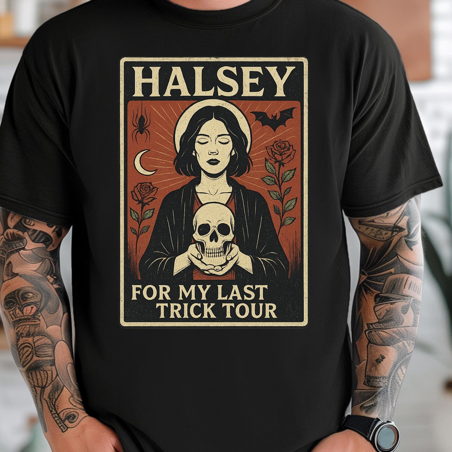 Halsey Tarot Shirt - Gothic Concert Tee With Skull Rose Motif & Witchy Design