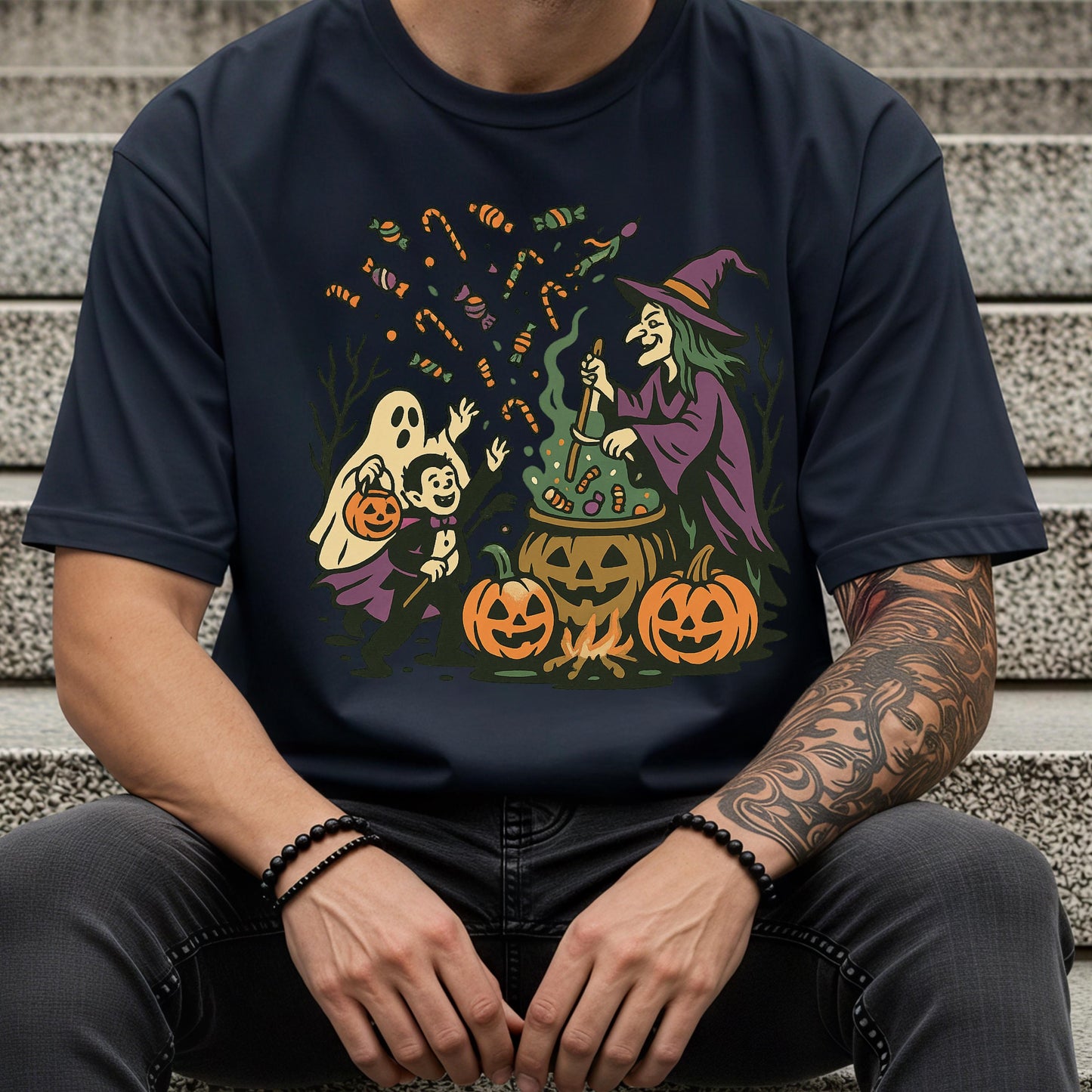 Halloween Witch Shirt – Cozy Cotton Tee With Witch Cauldron, Ghost & Vampire