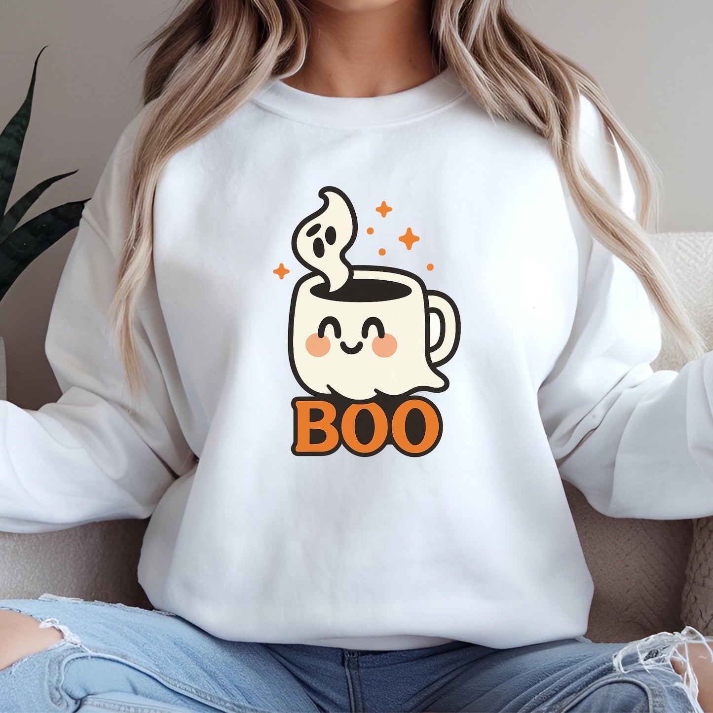 Halloween Ghost Sweatshirt – Cozy Coffee Lover Pullover | Unisex Crewneck