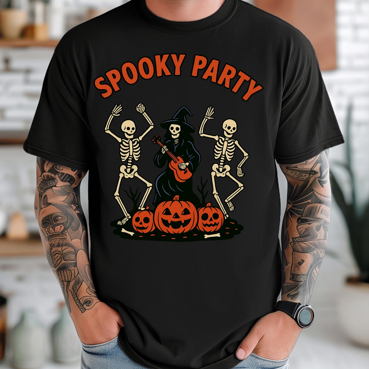 Halloween T-Shirt – Spooky Party Shirt With Dancing Skeletons & Pumpkin Graphic