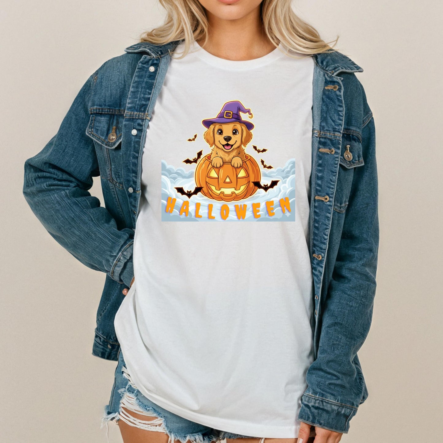 Golden Retriever Halloween Shirt – Cute Pumpkin Graphic Tee With Witch Hat