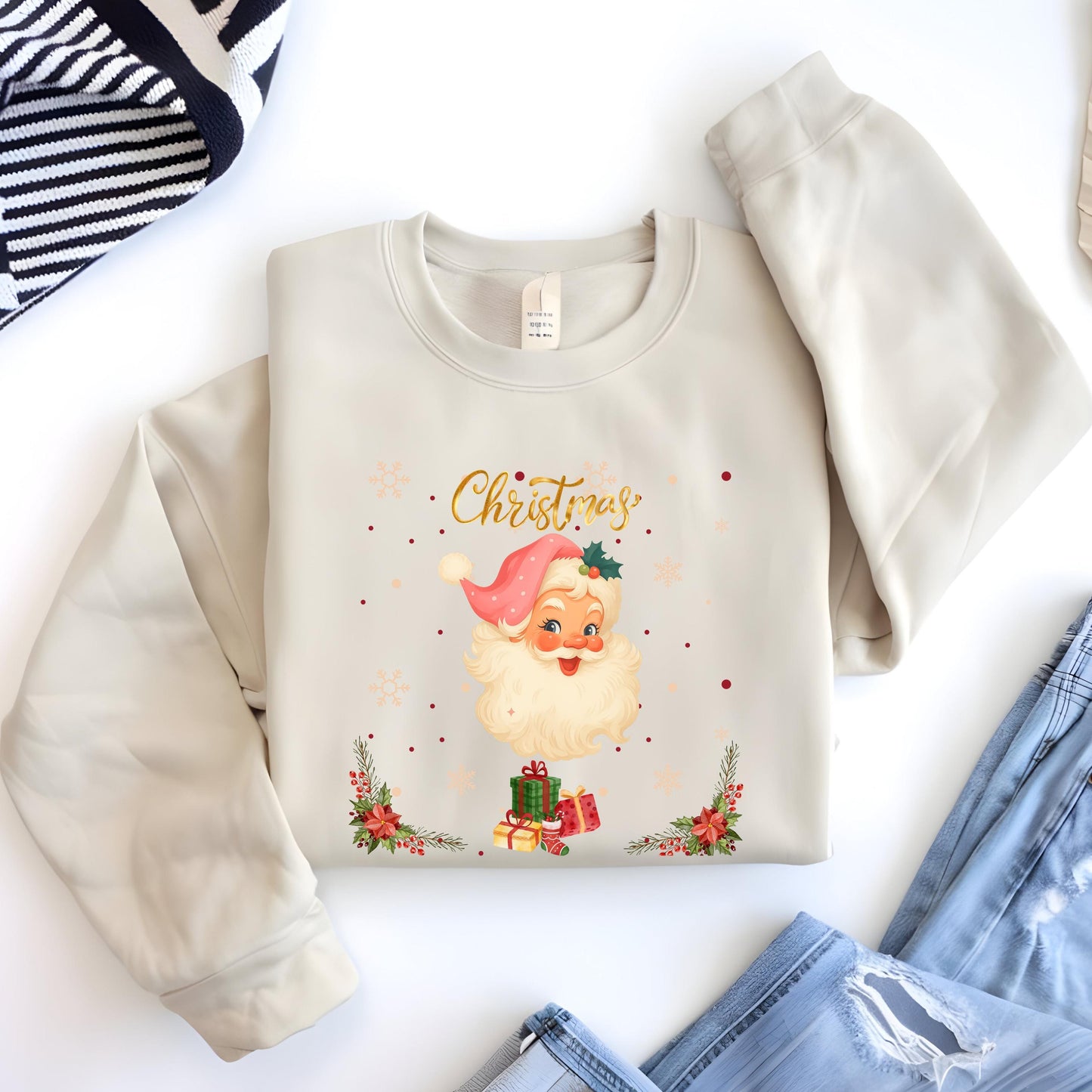 Retro Pink Santa Sweatshirt – Vintage Christmas Holiday Pullover | Cozy Winter Sweater