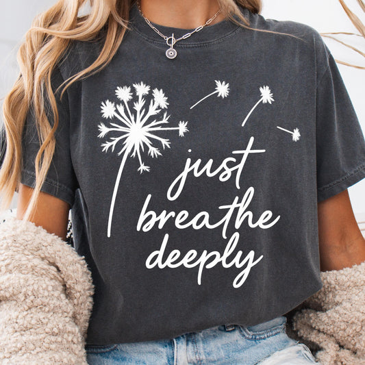Motivational Black Tee – Minimalist Shirt with Just Breathe Calming Message