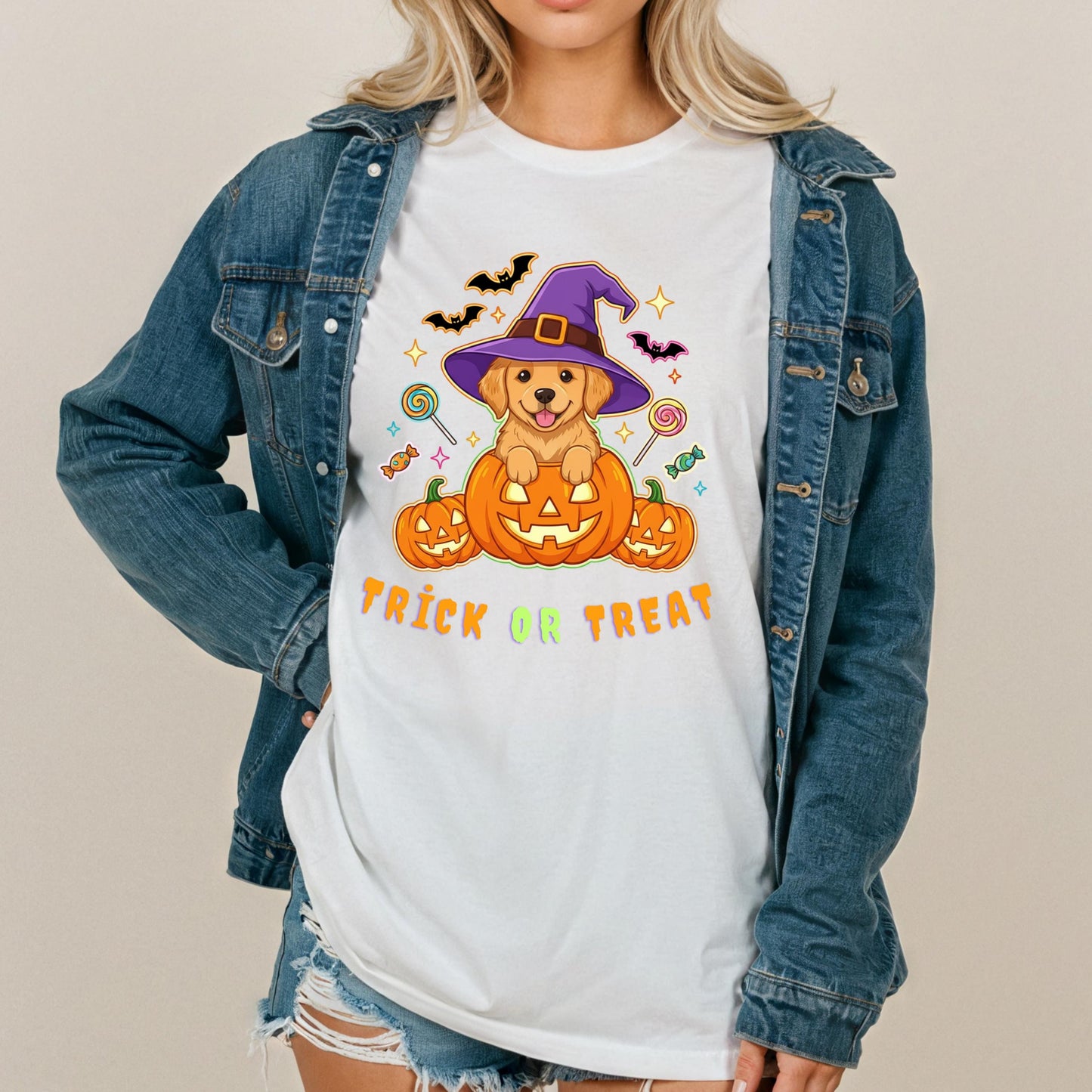 Halloween Puppy T-Shirt – Cute Golden Retriever Tee With Pumpkin, Witch Hat & Candy