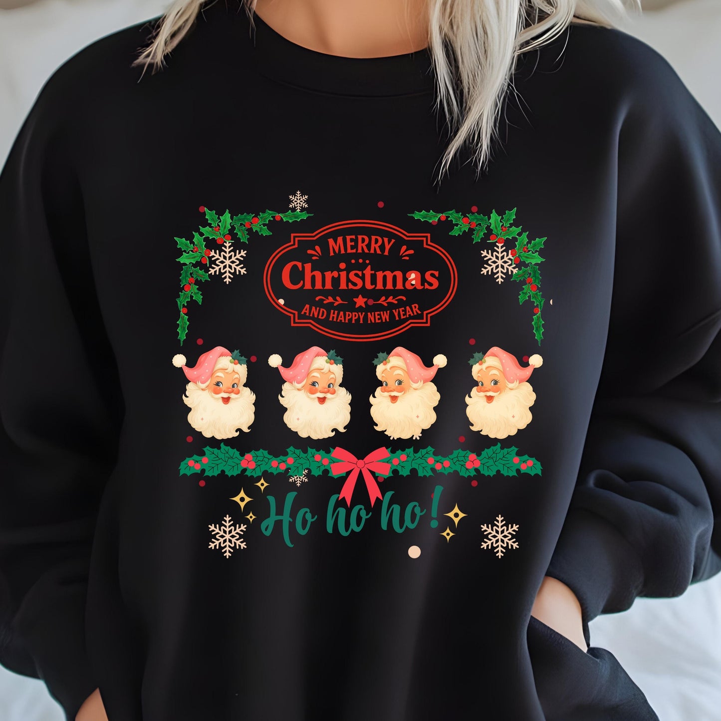 Retro Pink Santa Sweatshirt - Cozy Holiday Pullover | Vintage Xmas Sweater