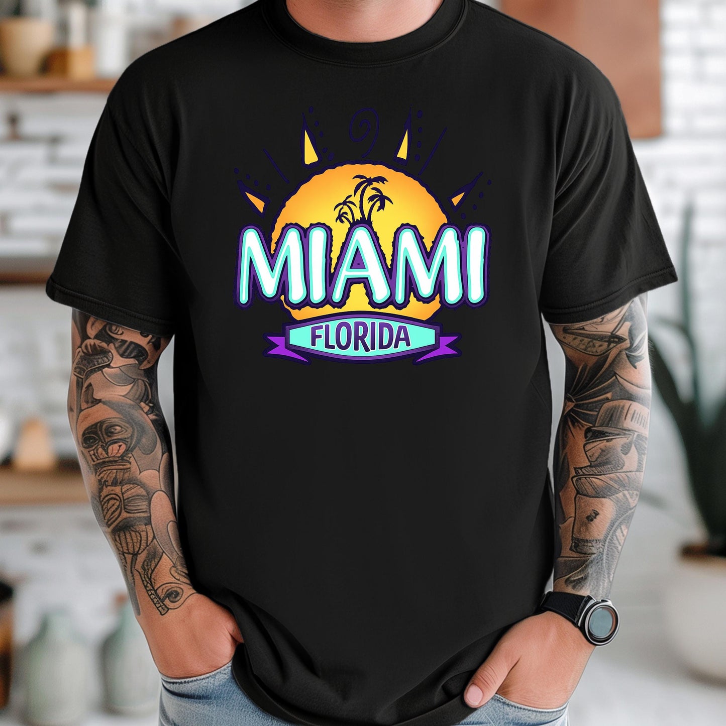 Retro Miami T Shirt – Vintage Graphic Tee With Palm Tree Design, Soft Cotton