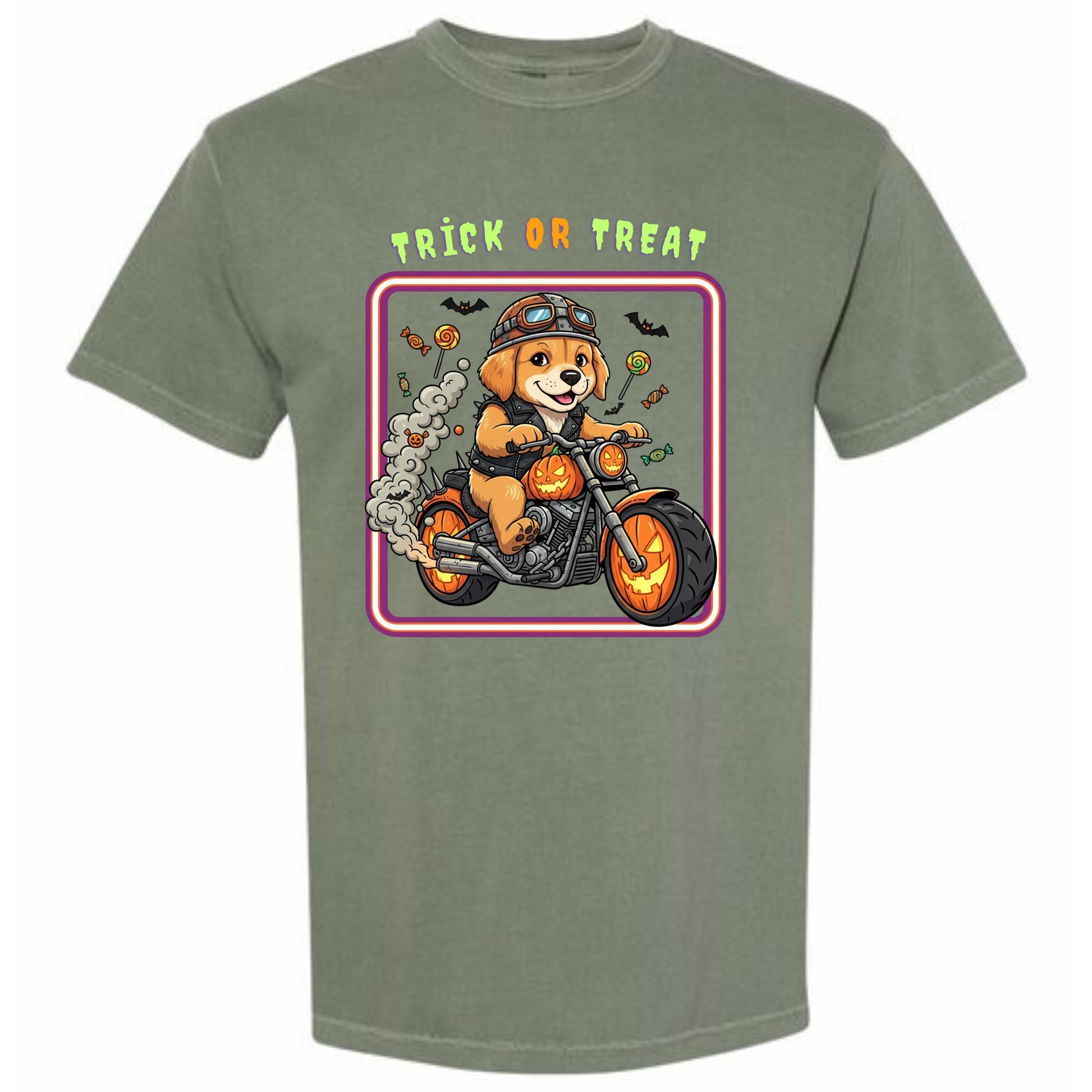 A t-shirt design featuring a cartoon dog riding a motorcycle with a trick or treat theme.