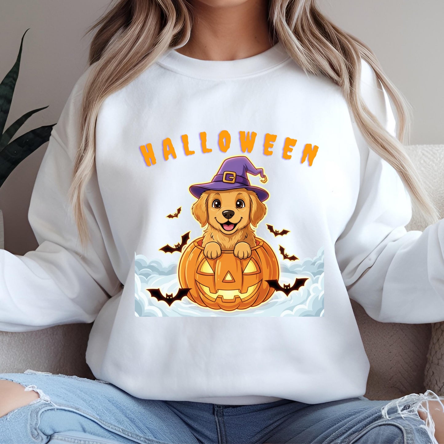Halloween Puppy Sweatshirt - Cozy Autumn Sweatshirt with Golden Retriever Pumpkin Design