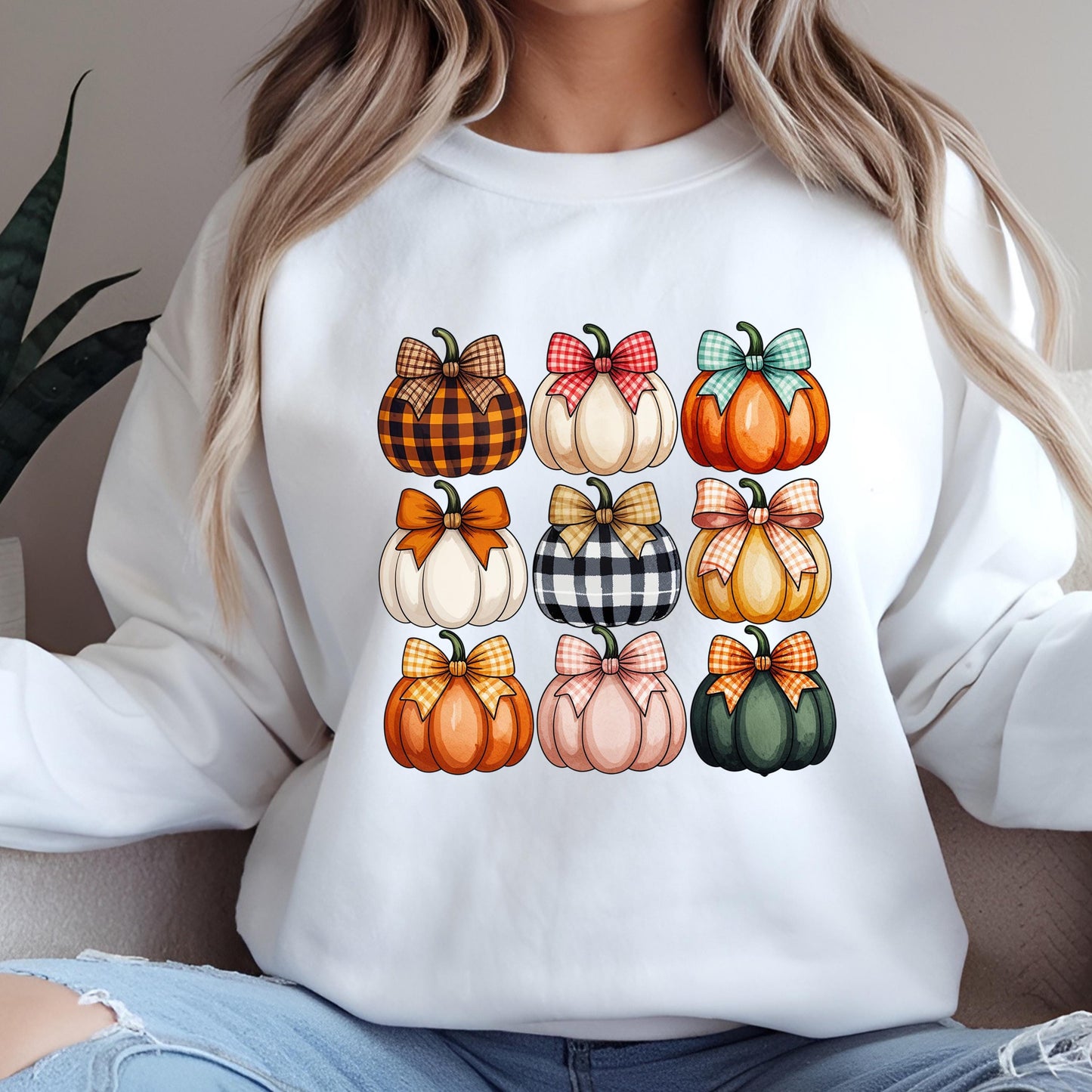 Plaid Pumpkin Sweatshirt – Cozy Autumn Crewneck With Gingham Bow Design