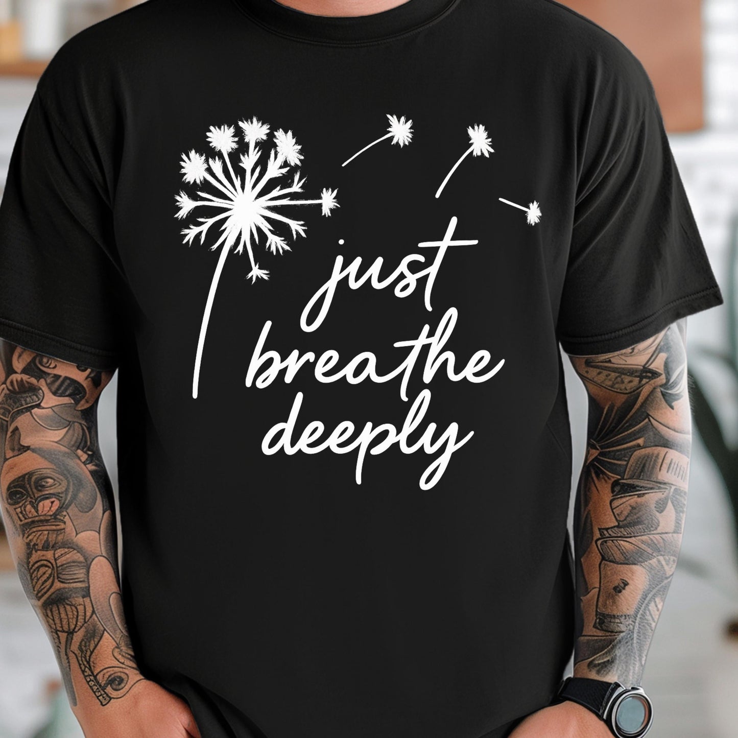 Motivational Black Tee – Minimalist Shirt with Just Breathe Calming Message