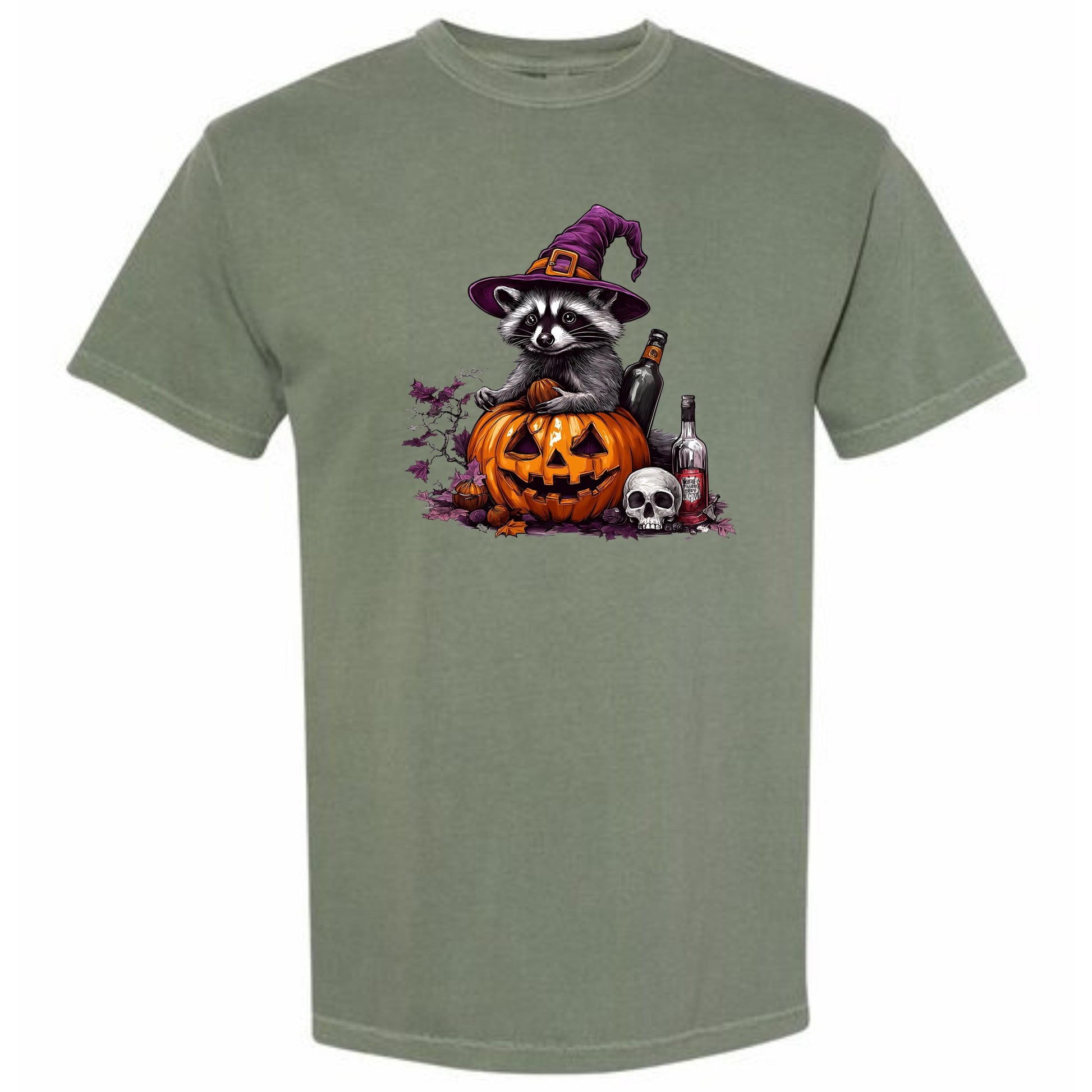 A raccoon wearing a witch&#39;s hat sits on a carved pumpkin, surrounded by Halloween-themed elements such as a skull and a bottle.