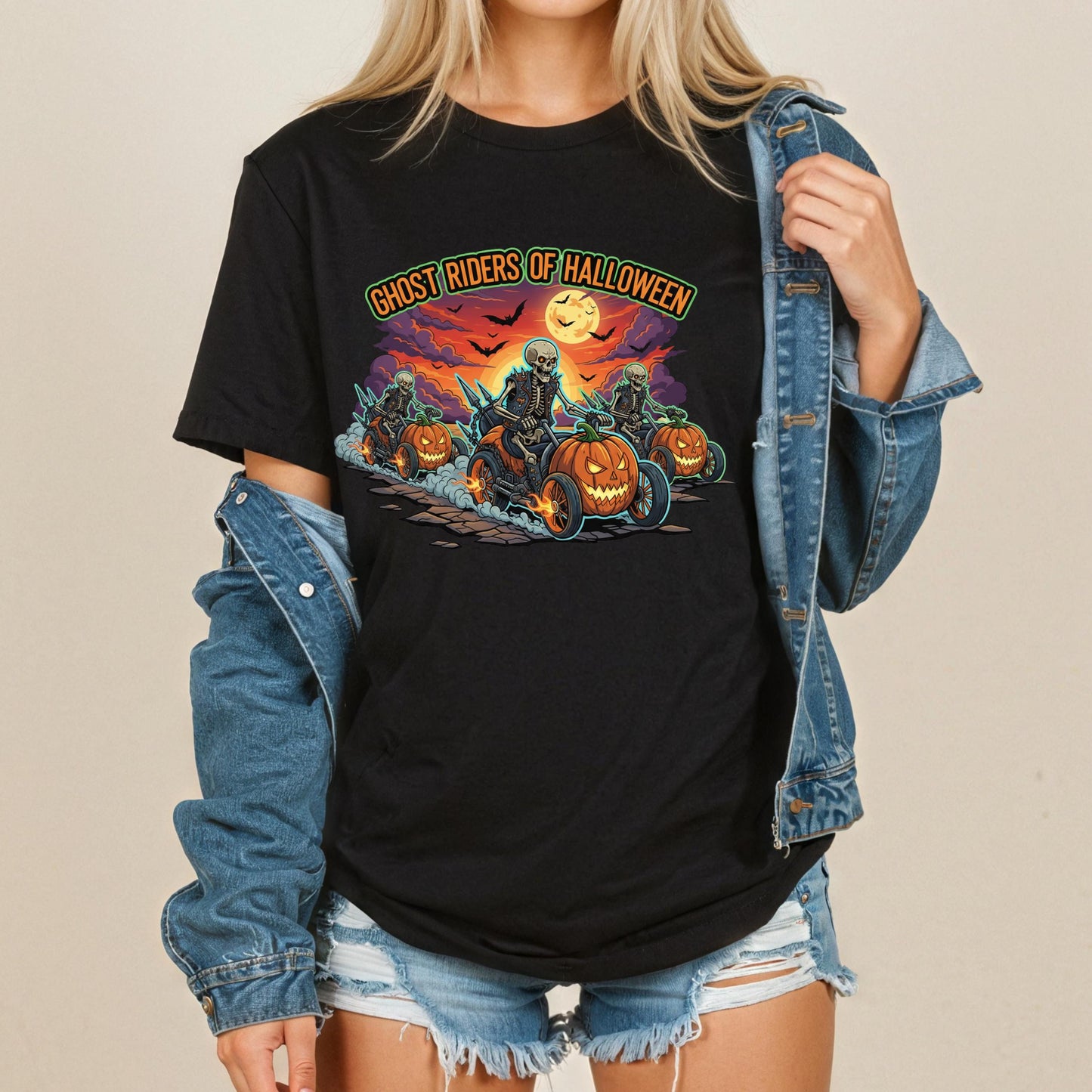 Halloween Biker T-Shirt – Skeleton Biker Shirt With Pumpkin Motorcycle Tee