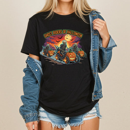Halloween Biker T-Shirt – Skeleton Biker Shirt With Pumpkin Motorcycle Tee