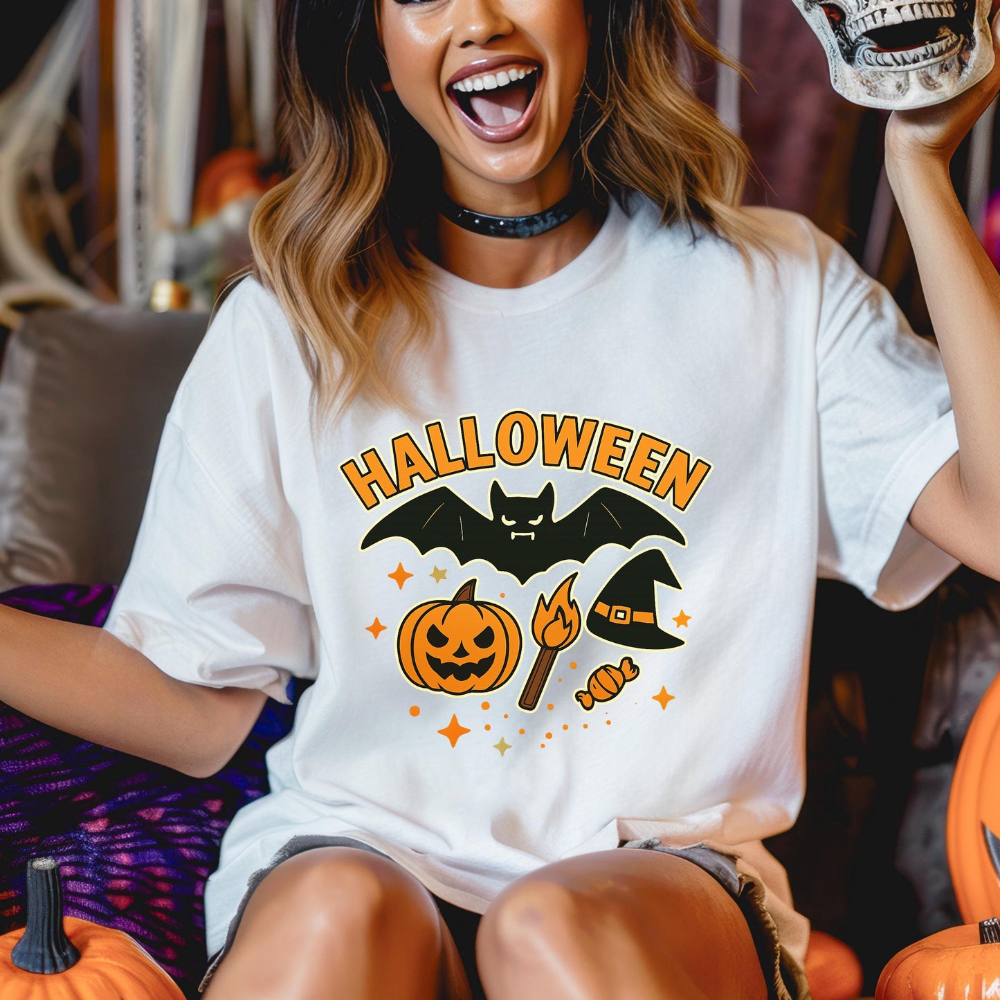 Halloween Graphic Tee - Pumpkin T-Shirt With Bat, Witch Hat & Cotton Comfort