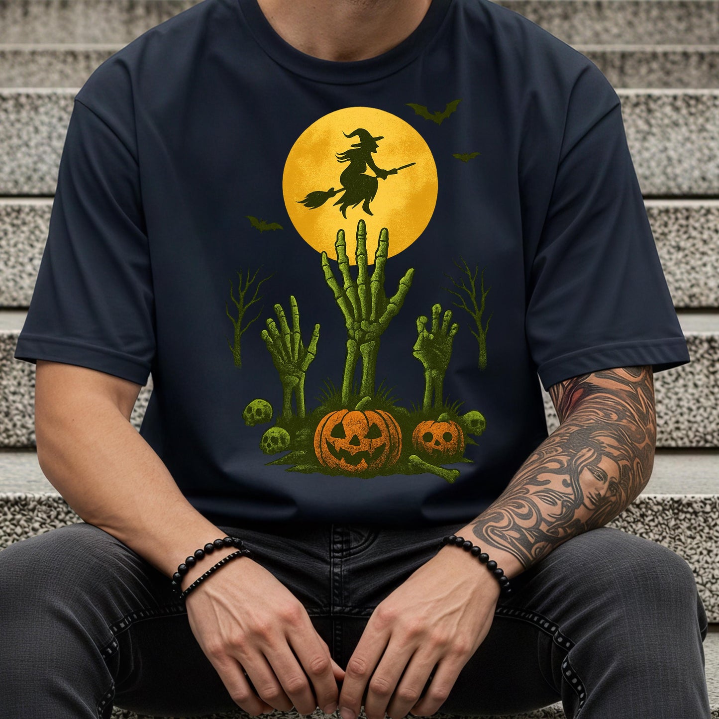 Witch Flying Halloween Shirt – Skeleton Pumpkin Tee | Full Moon Graphic Tee