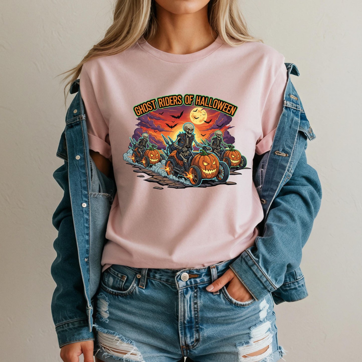 Halloween Biker T-Shirt – Skeleton Biker Shirt With Pumpkin Motorcycle Tee