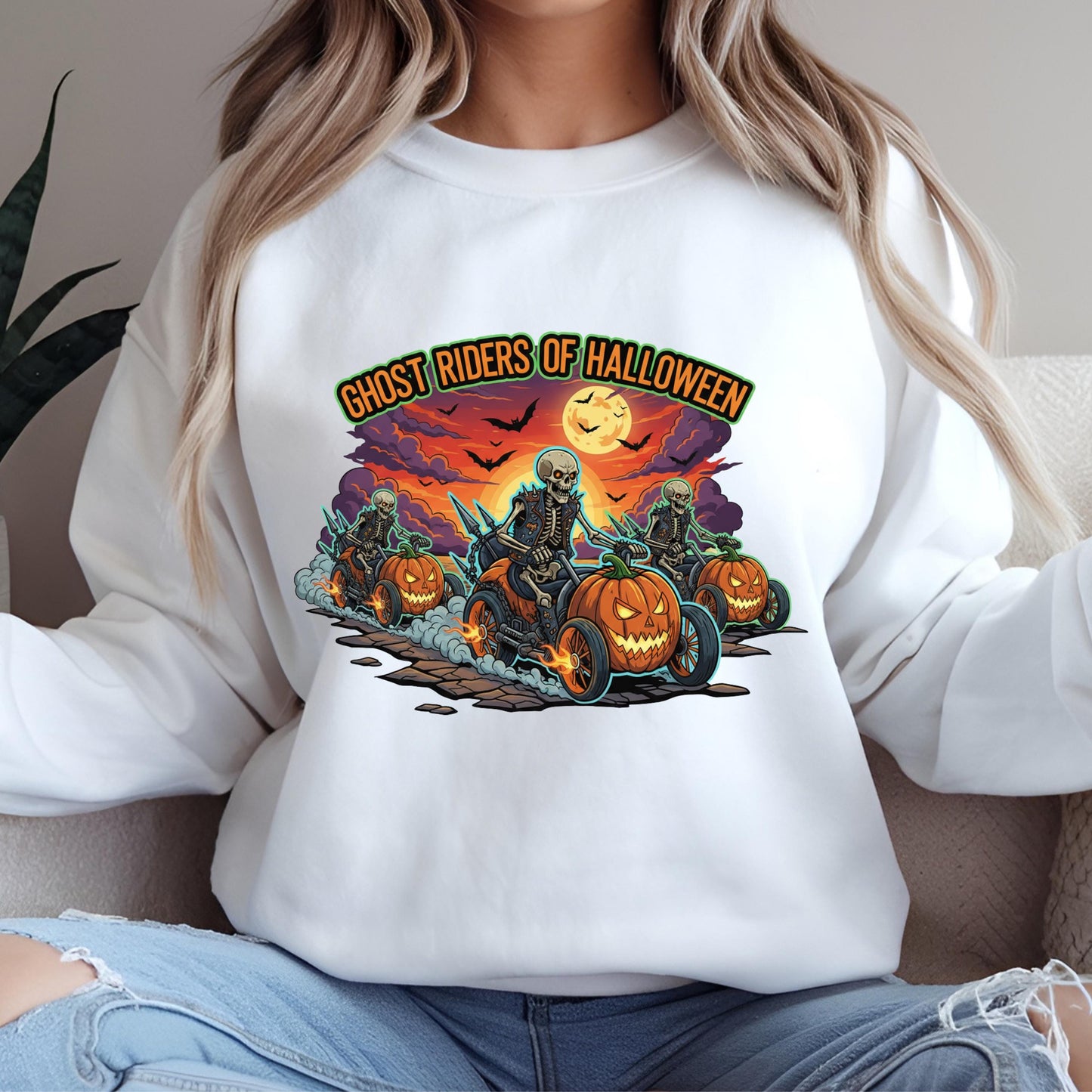 Halloween Sweatshirt – Spooky Biker Sweater With Skeleton Rider Design