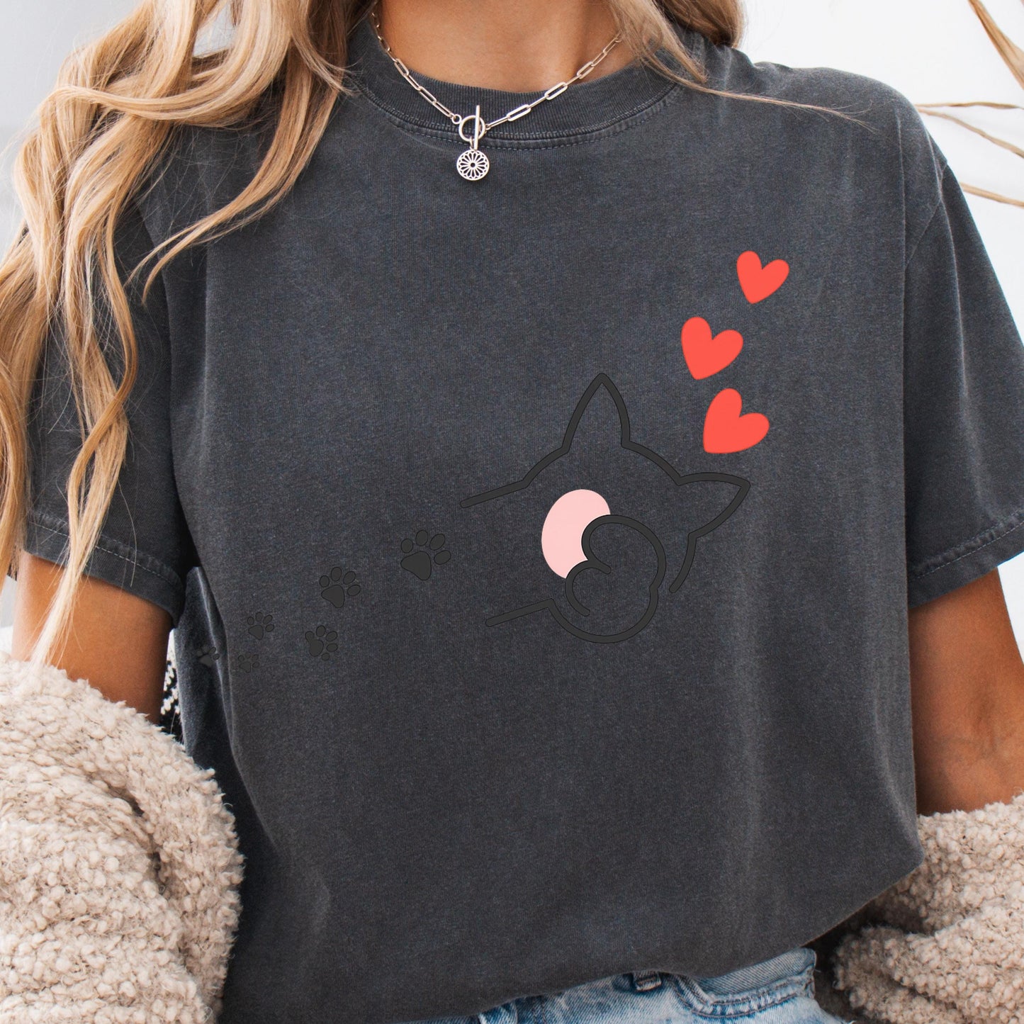 Cat T-Shirt - Minimalist Cat Shirt with Heart Paw Print | Soft Cotton Tee