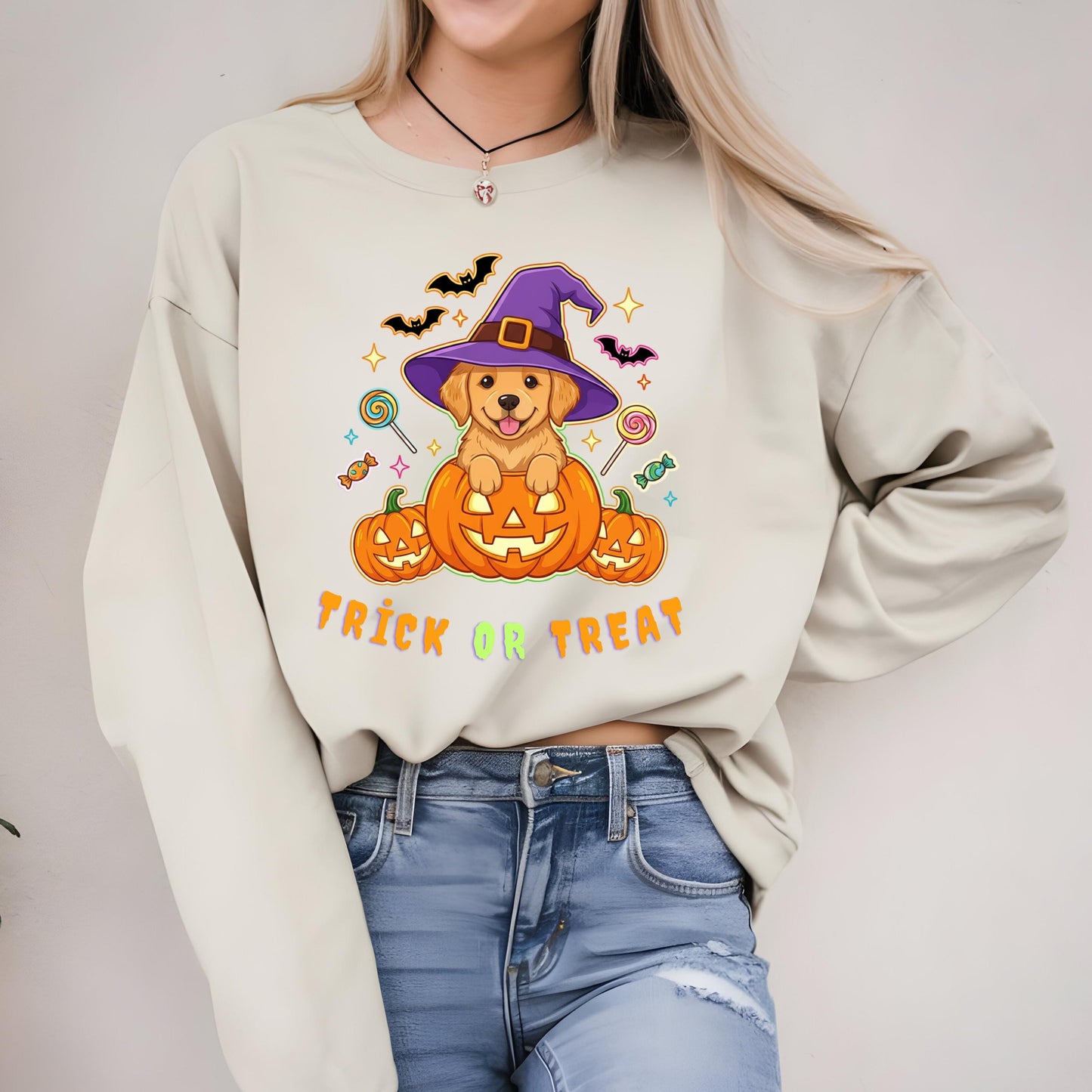 Halloween Puppy Sweatshirt – Cozy Fall Dog Shirt with Golden Retriever Pumpkin Design