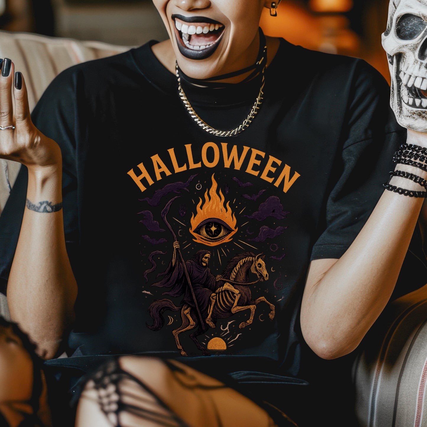 Gothic Skeleton Tee - Grim Reaper Design With Occult Eye Flames Shirt