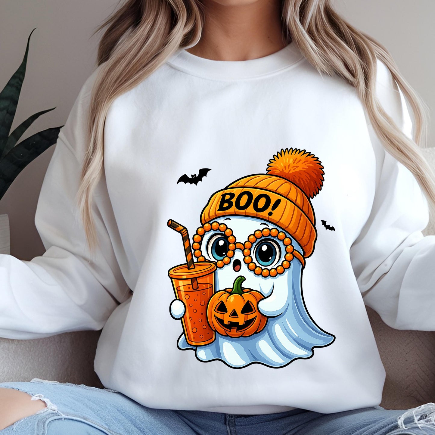 Ghost Pumpkin Sweatshirt – Cozy Fall Sweatshirt | Soft Cotton Blend Crewneck