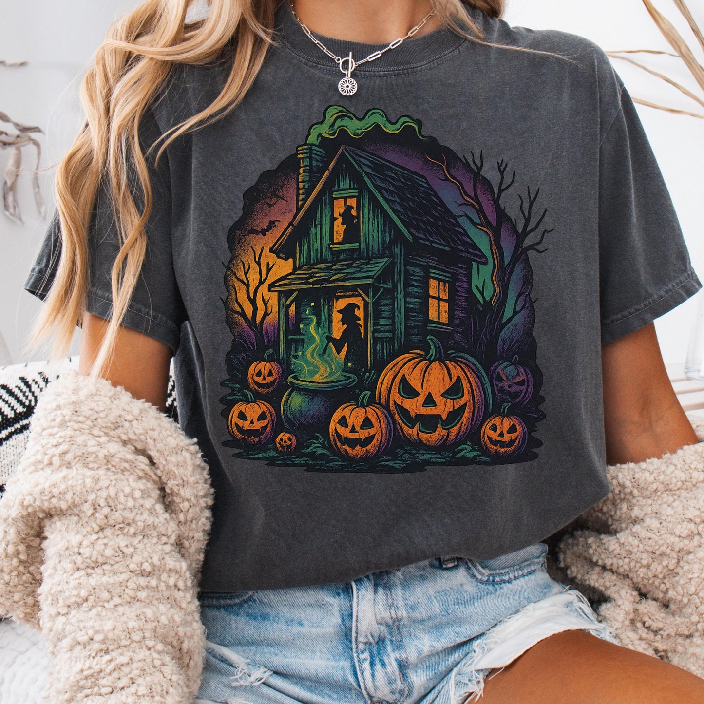 Haunted Halloween Shirt – Spooky Graphic Tee With Witch House & Pumpkin