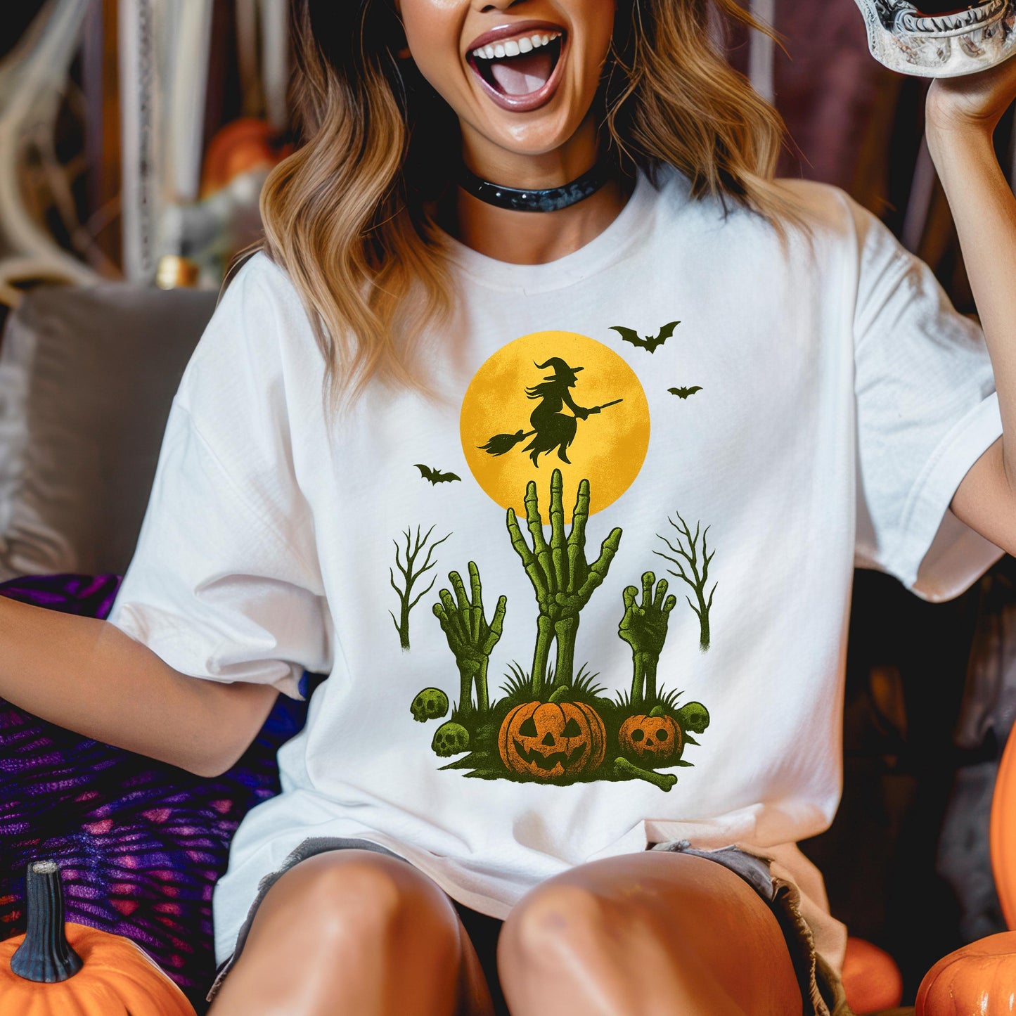 Witch Flying Halloween Shirt – Skeleton Pumpkin Tee | Full Moon Graphic Tee