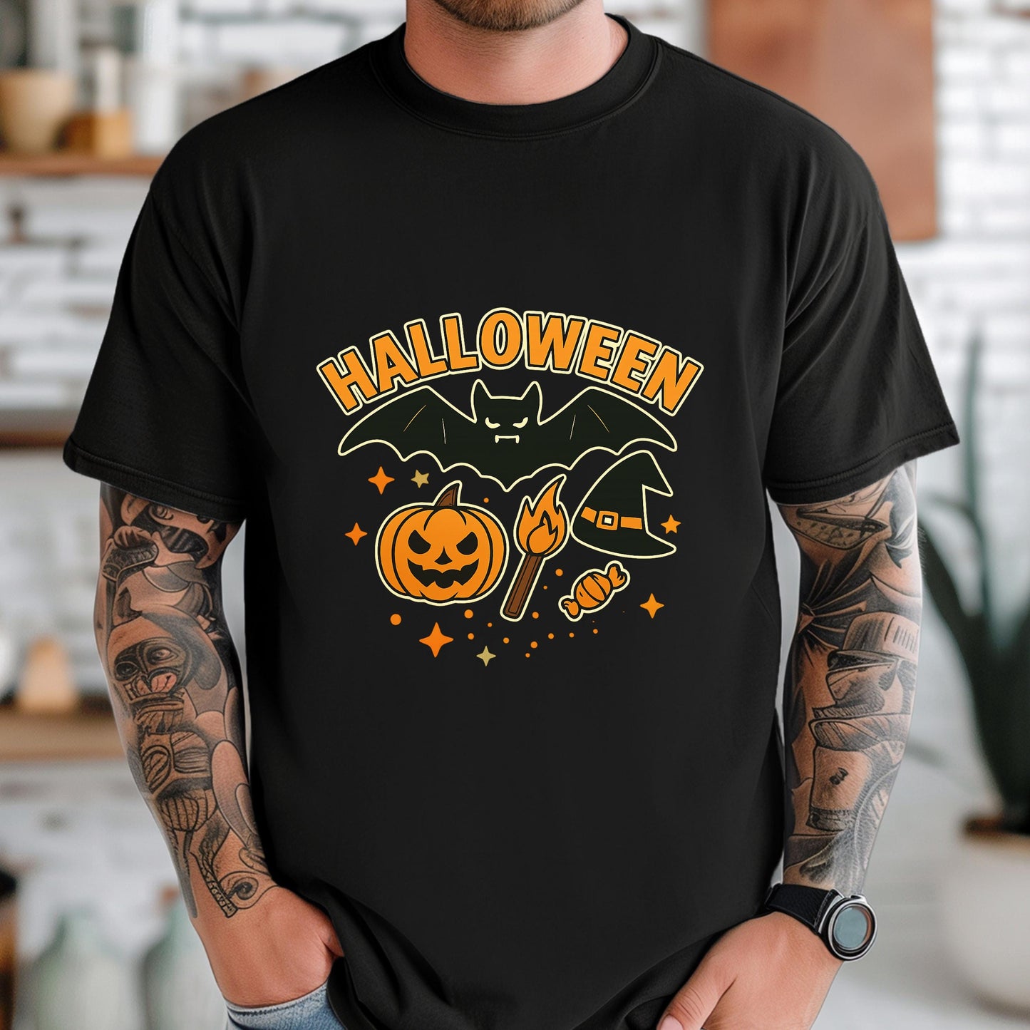 Halloween Graphic Tee - Pumpkin T-Shirt With Bat, Witch Hat & Cotton Comfort