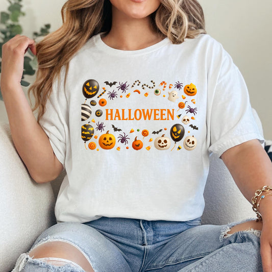 Halloween Graphic Tee - Unisex Pumpkin Orange Shirt With Ghost Bat Candy Design